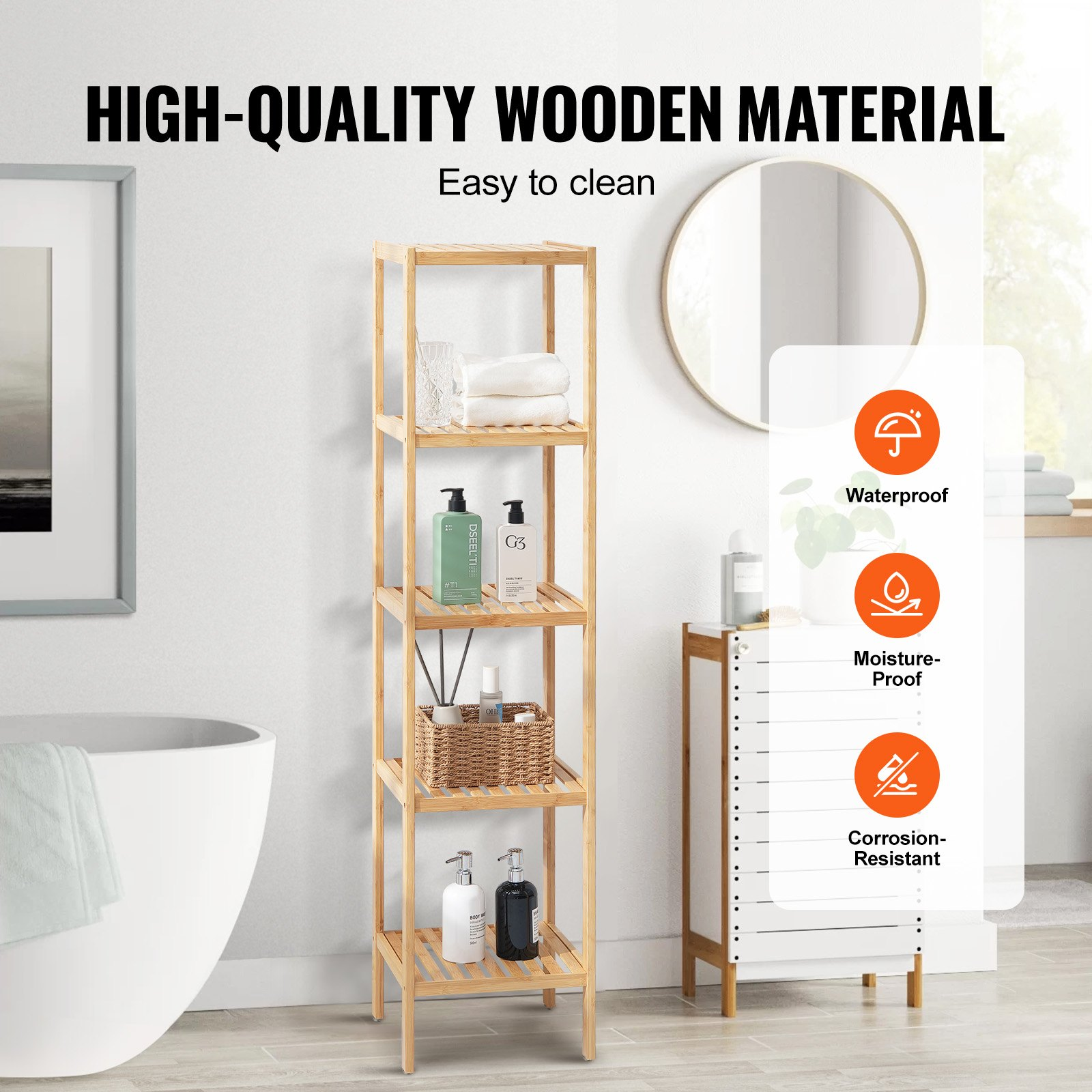 5-Tier Bathroom Standing Shelf, Narrow Shelving Unit, Natural