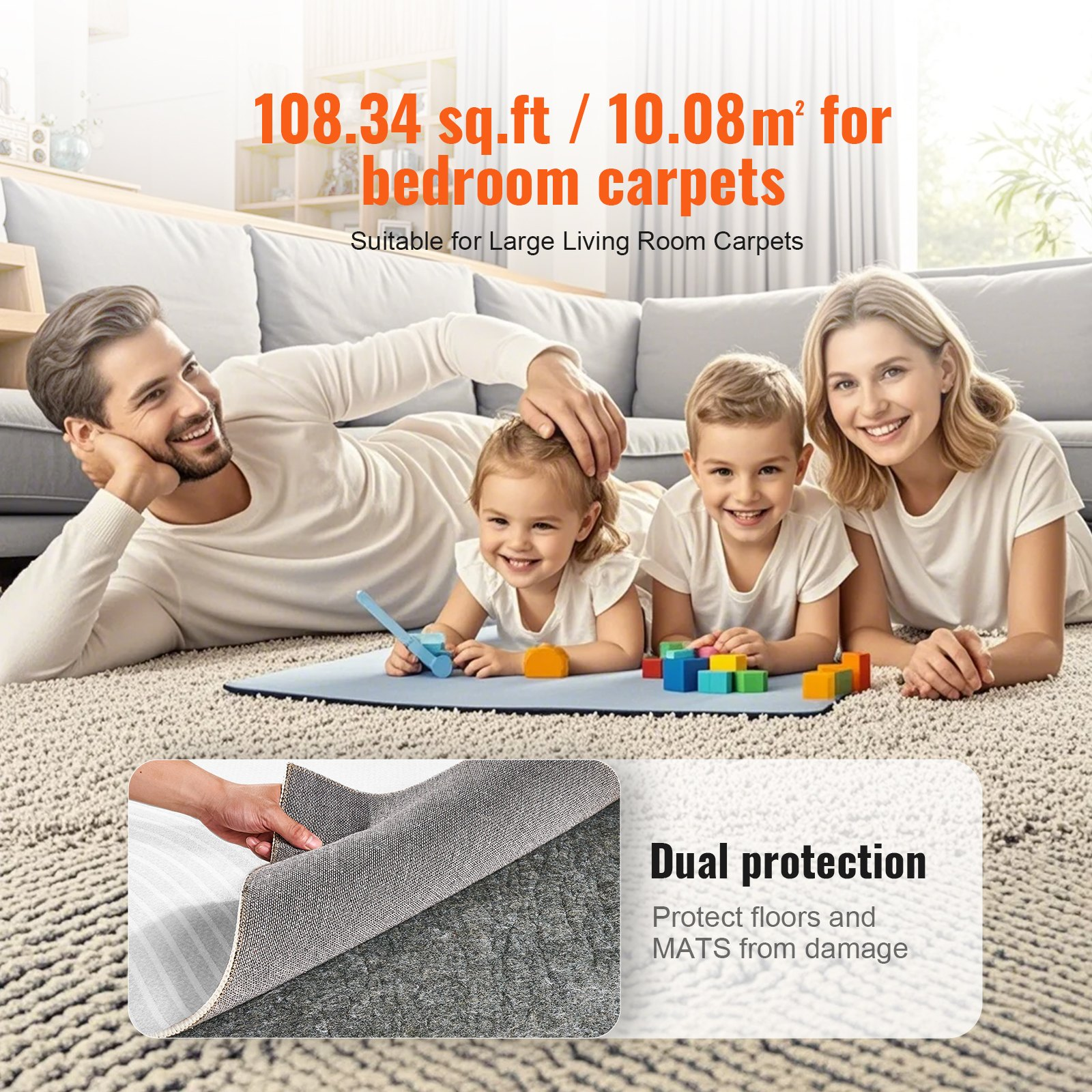 Rug Pad Gripper 9' x 12' Protective Carpet Pad 0.47" Thick for All Floors