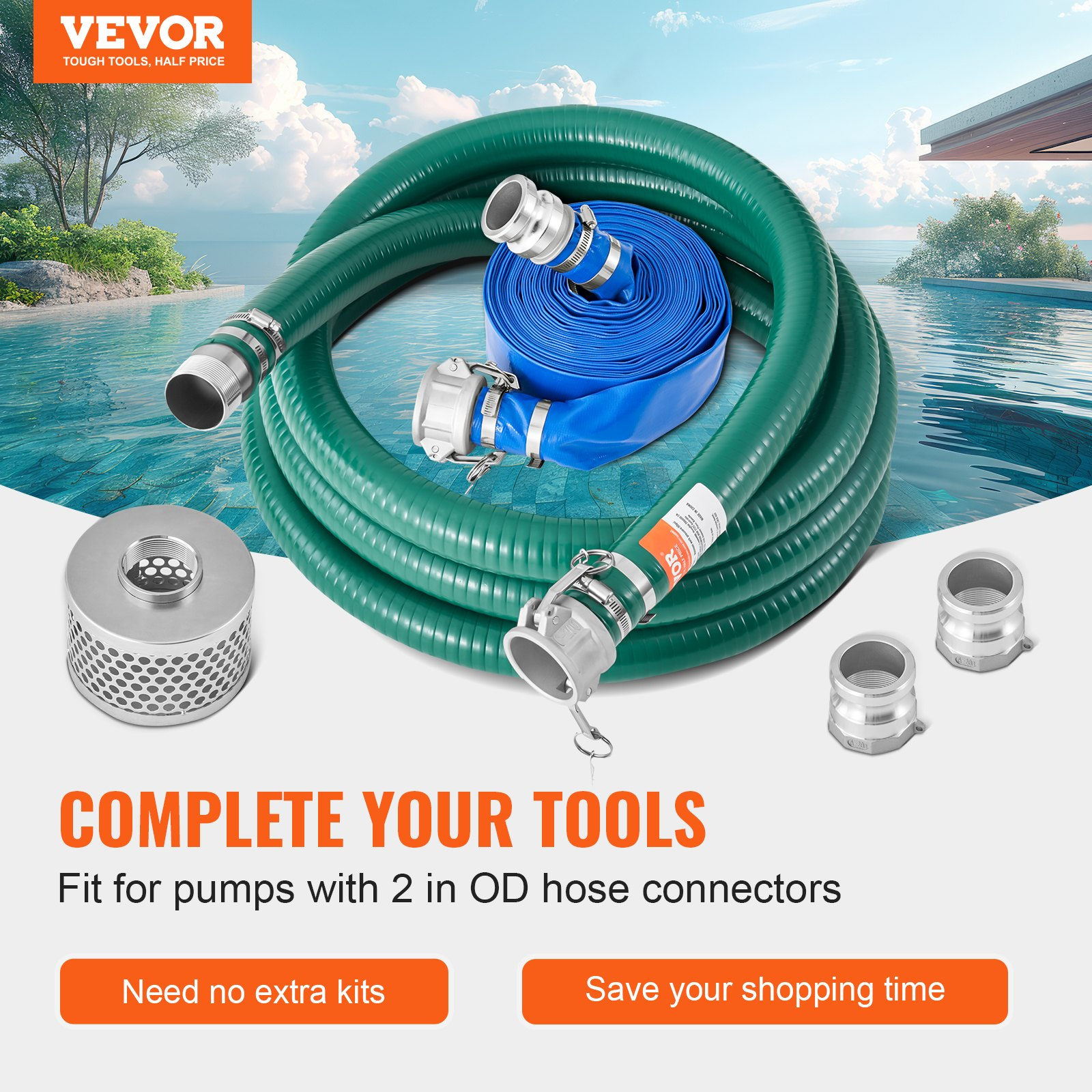 VEVOR Suction Hose Kit for Water Pump 2 in x 20 ft Green/50 ft Blue Hoses