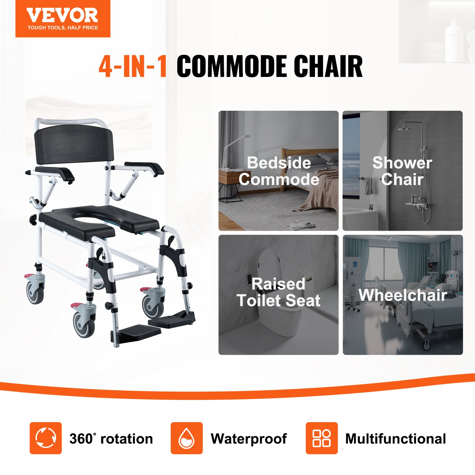 Shower Commode Wheelchair with 4 Lockable Wheels, Footrests, Flip-up Arms, 3-Le