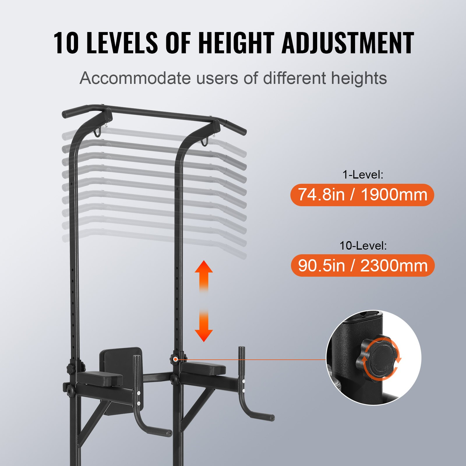 Power Tower with Bench 10-Level  Height Adjustable Pull Up Bar Stand Dip Station