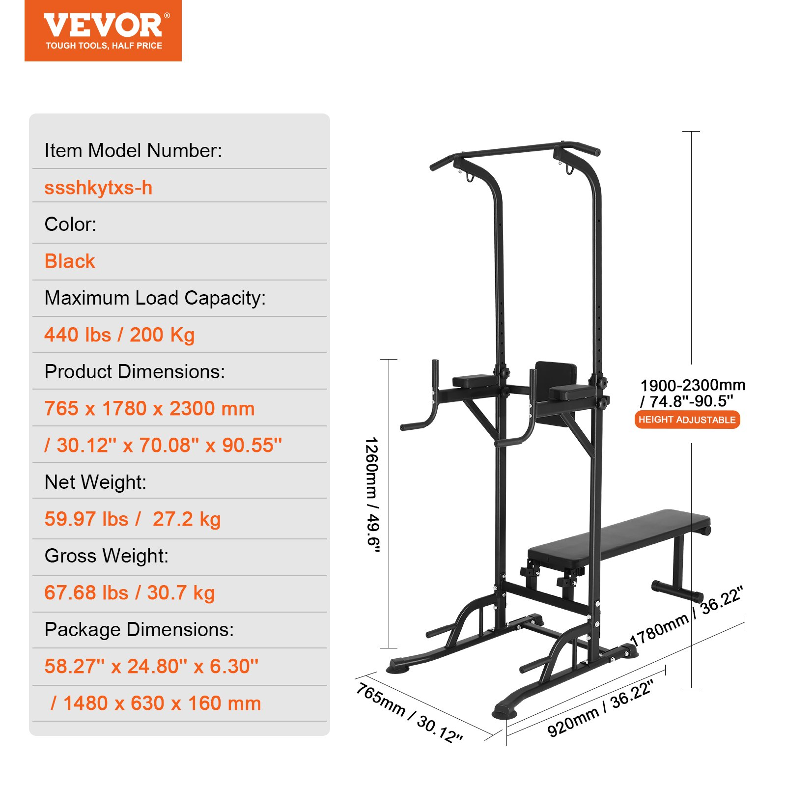 Power Tower with Bench 10-Level  Height Adjustable Pull Up Bar Stand Dip Station