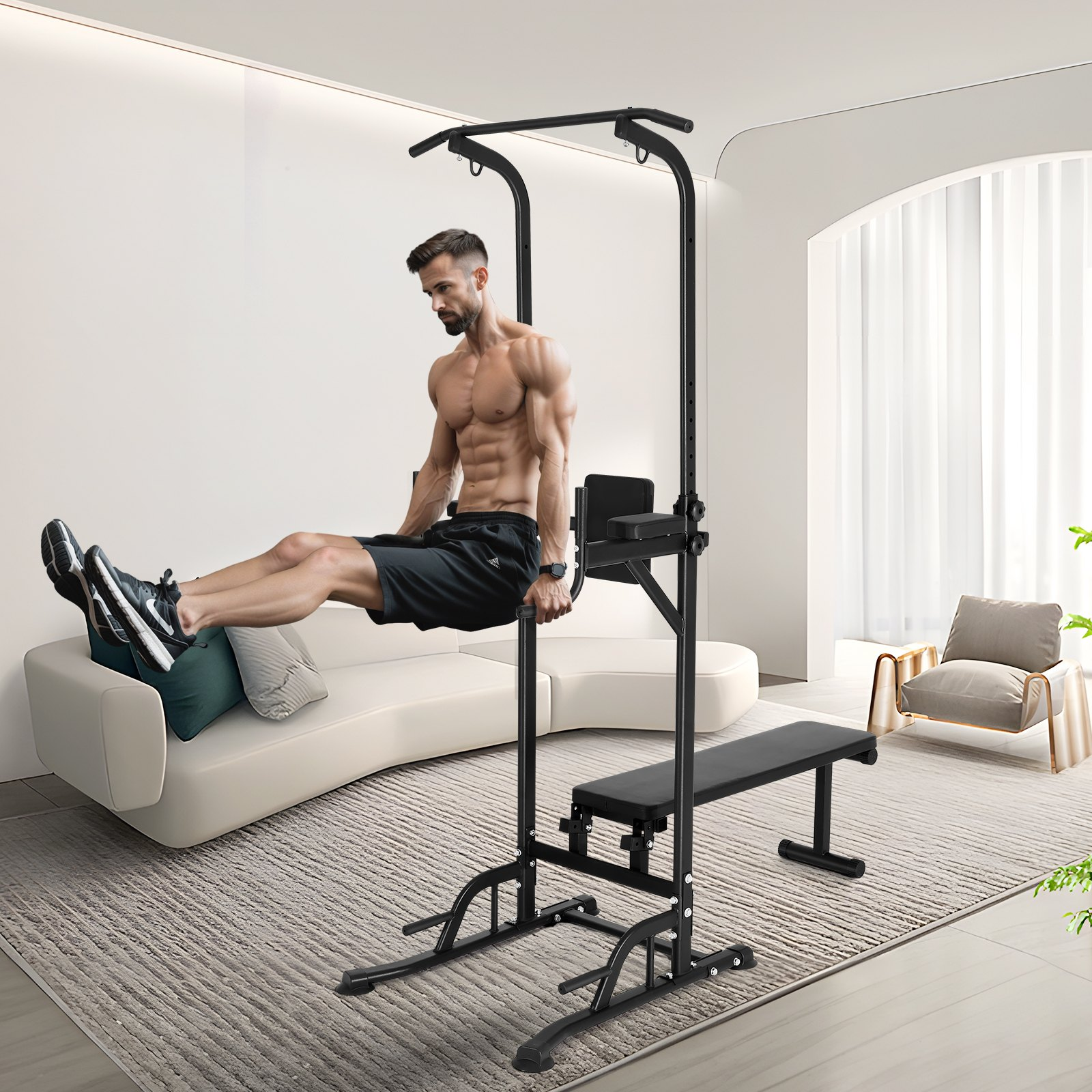 Power Tower with Bench 10-Level  Height Adjustable Pull Up Bar Stand Dip Station