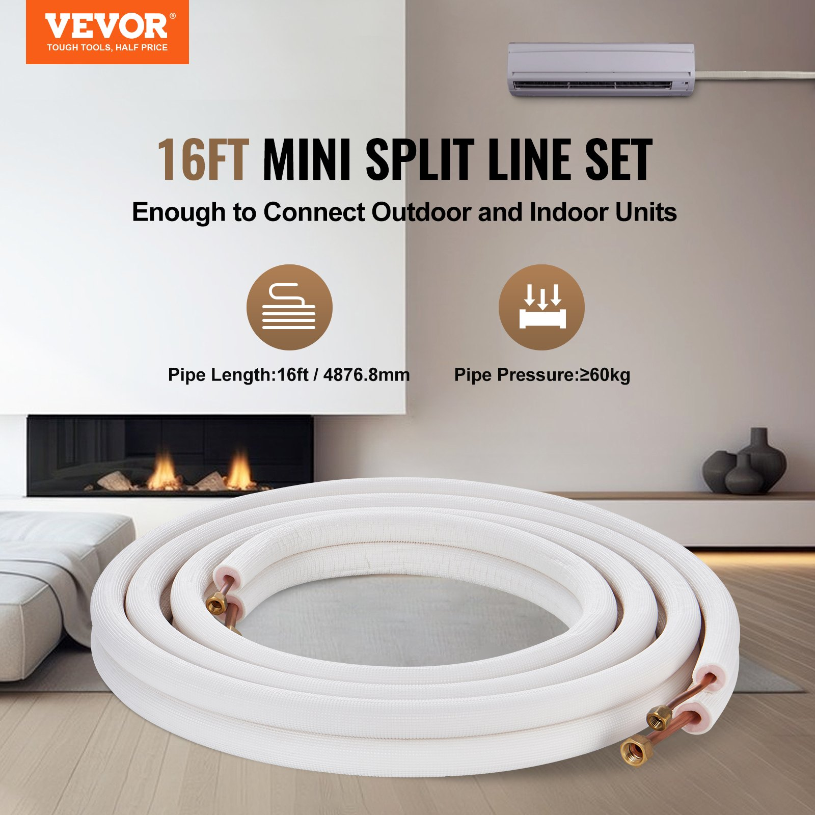 16FT Mini Split Line Set, 1/4″ & 3/8″ O.D Copper Pipes Tubing and Triple-Layer