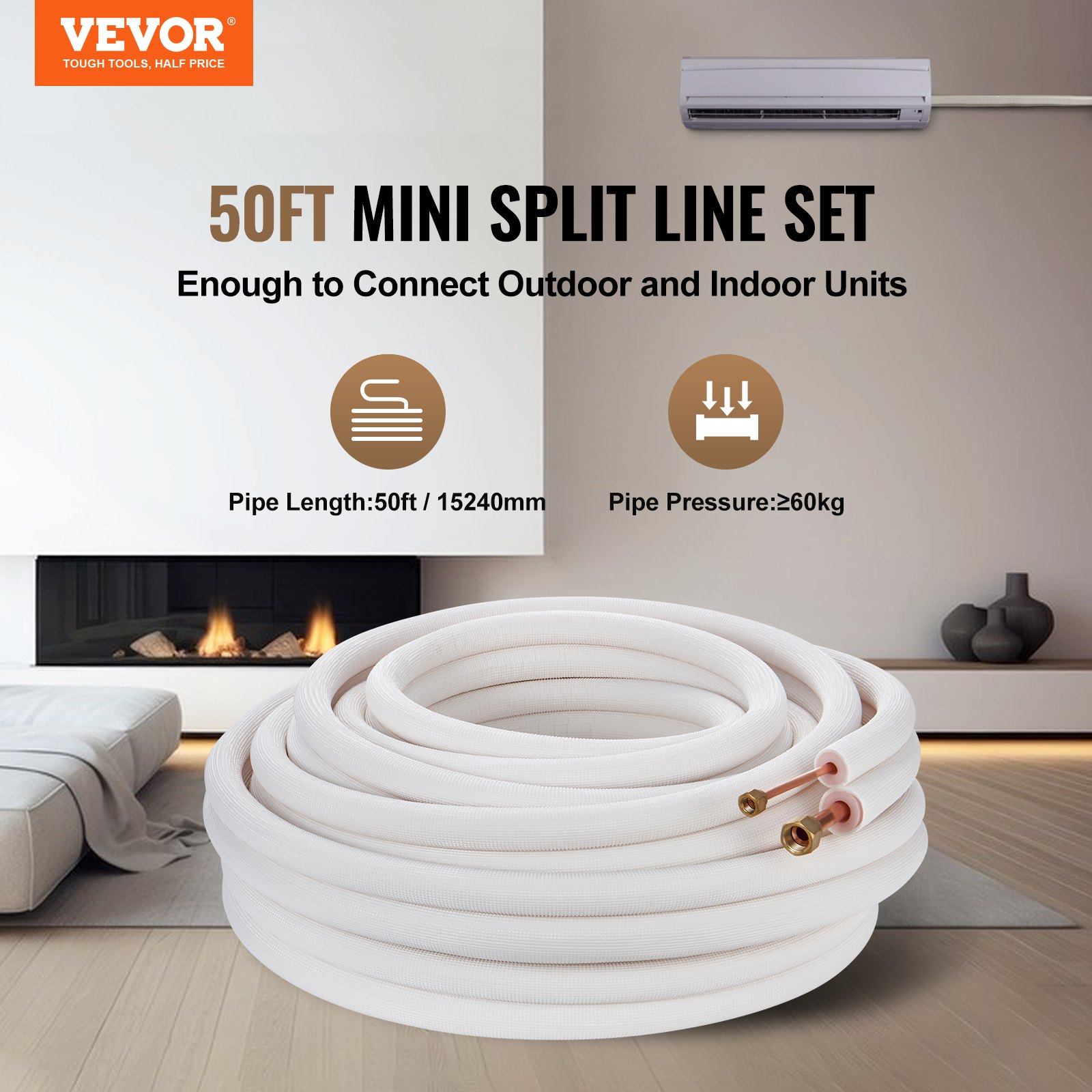 50FT Mini Split Line Set, 1/4″ & 1/2″ O.D Copper Pipes Tubing and Triple-Layer