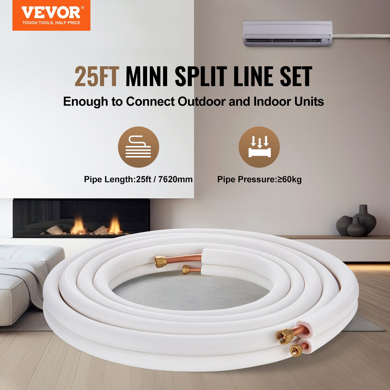 VEVOR 25FT Mini Split Line Set, 3/8" & 5/8" O.D Copper Pipes Tubing and Triple-L