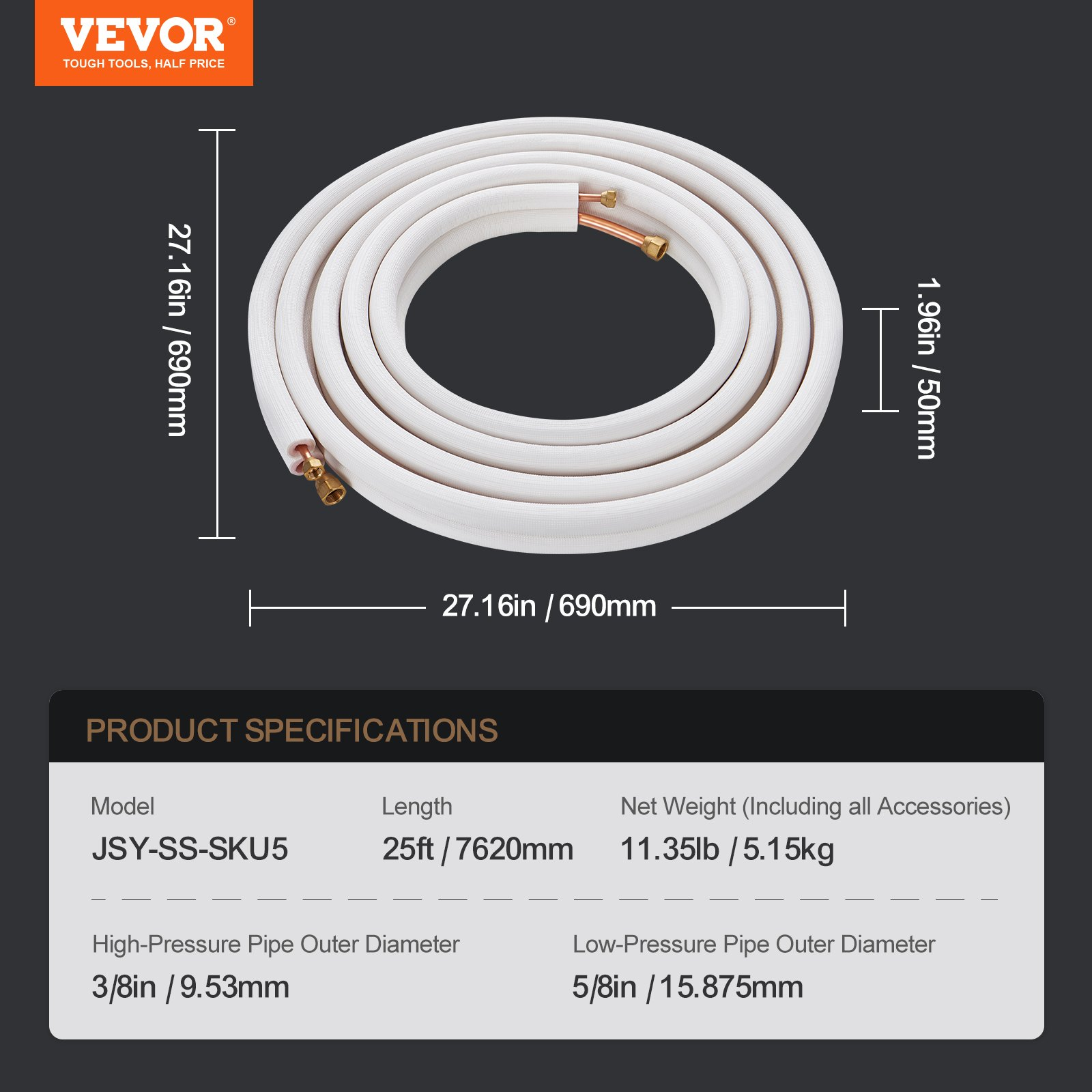 VEVOR 25FT Mini Split Line Set, 3/8" & 5/8" O.D Copper Pipes Tubing and Triple-L