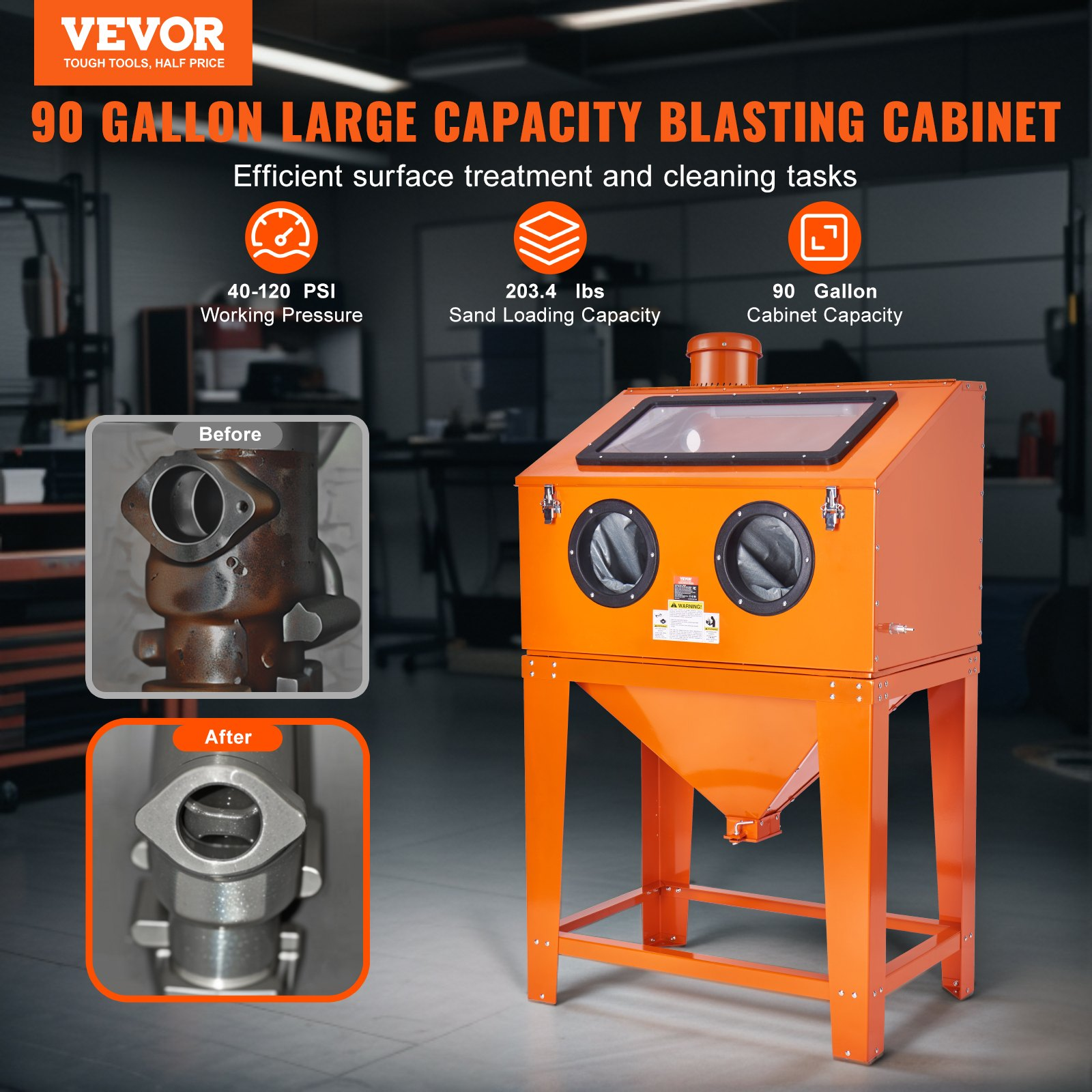 90 Gallon Sandblasting Cabinet w/ Dust Collector, Gun & Nozzles, 40-120PSI