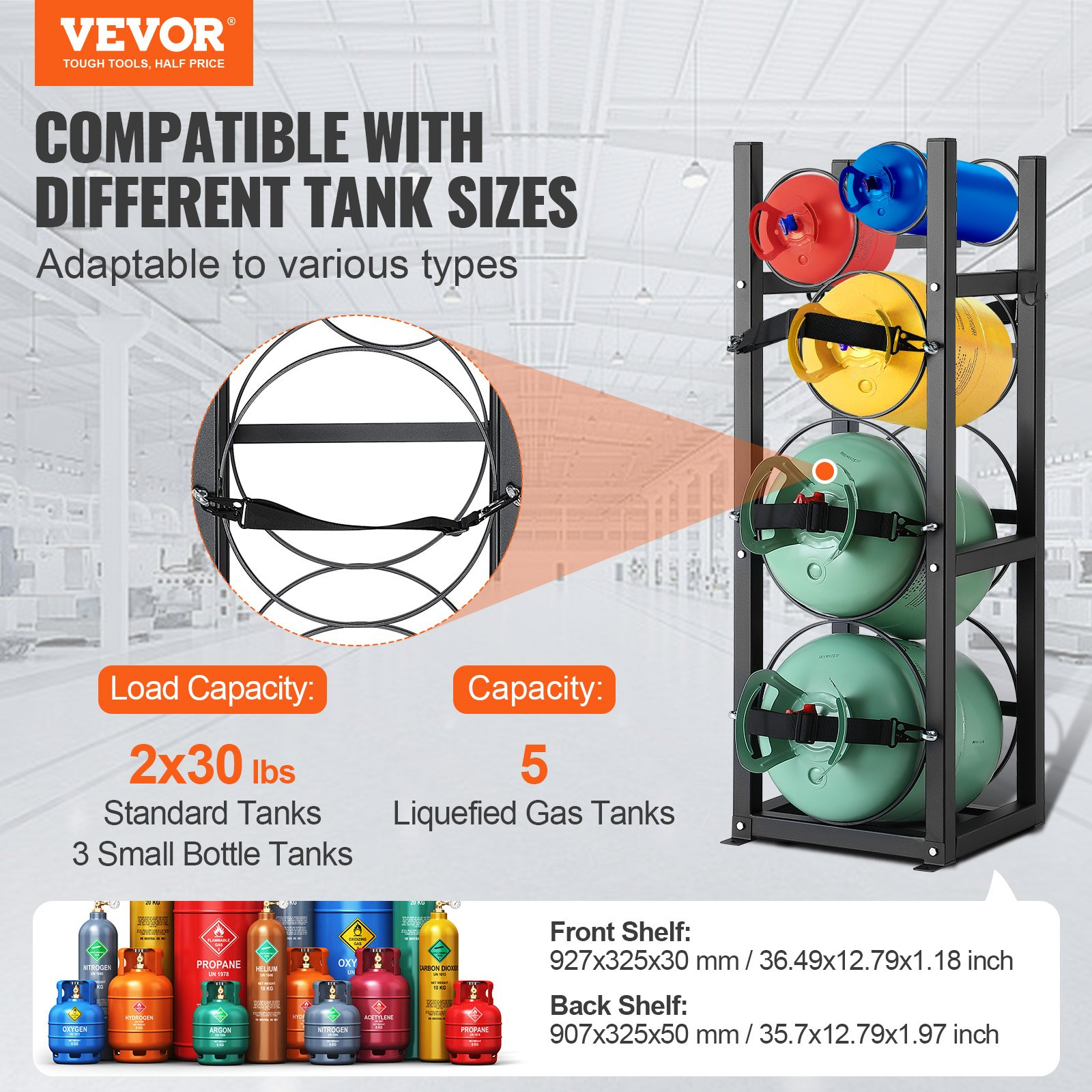 Refrigerant Tank Rack, with 2 x 30lbs and Other 3 Small Bottle Tanks, Nitrogen