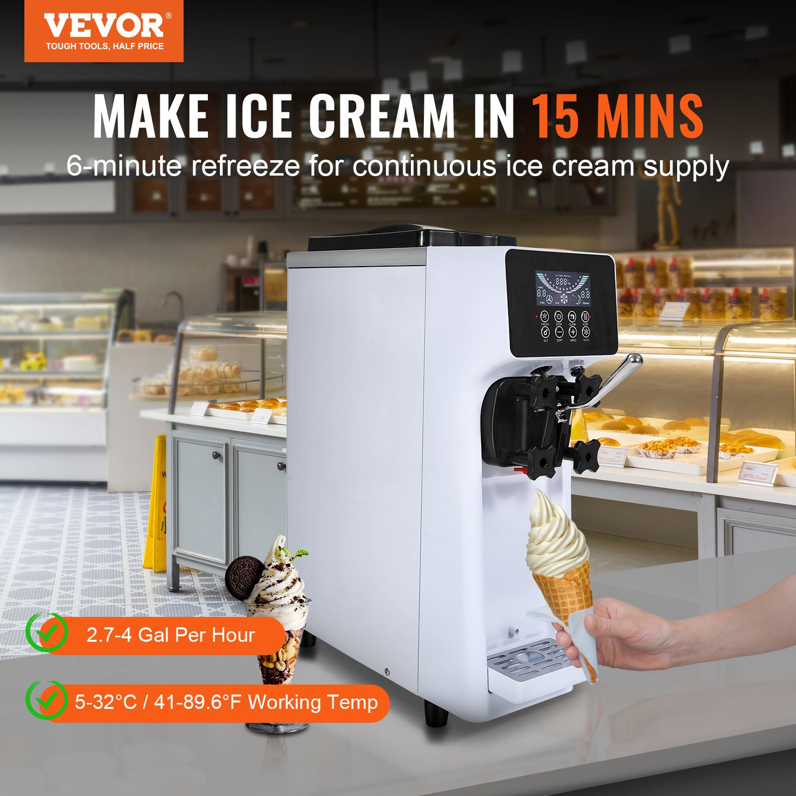 Commercial Soft Serve Ice Cream Machine 1000W 10.6QT/H Countertop