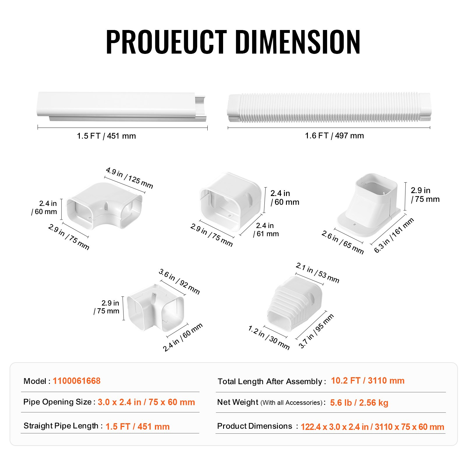 VEVOR Mini Split Line Set Cover 3-inch W 10Ft L, White
