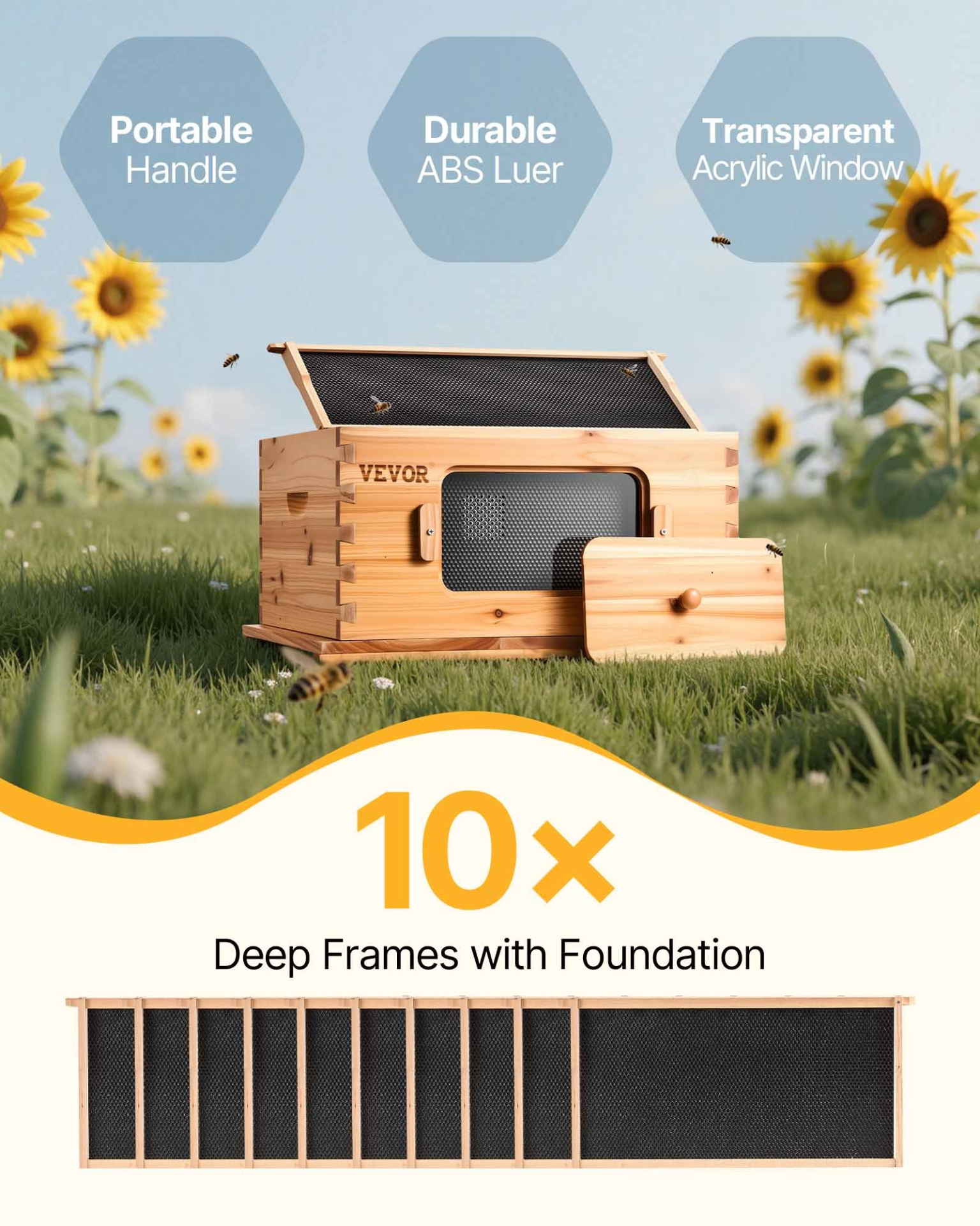 Langstroth Deep Beehive Kit, 10 Frames, Waxed Fir Wood, Window