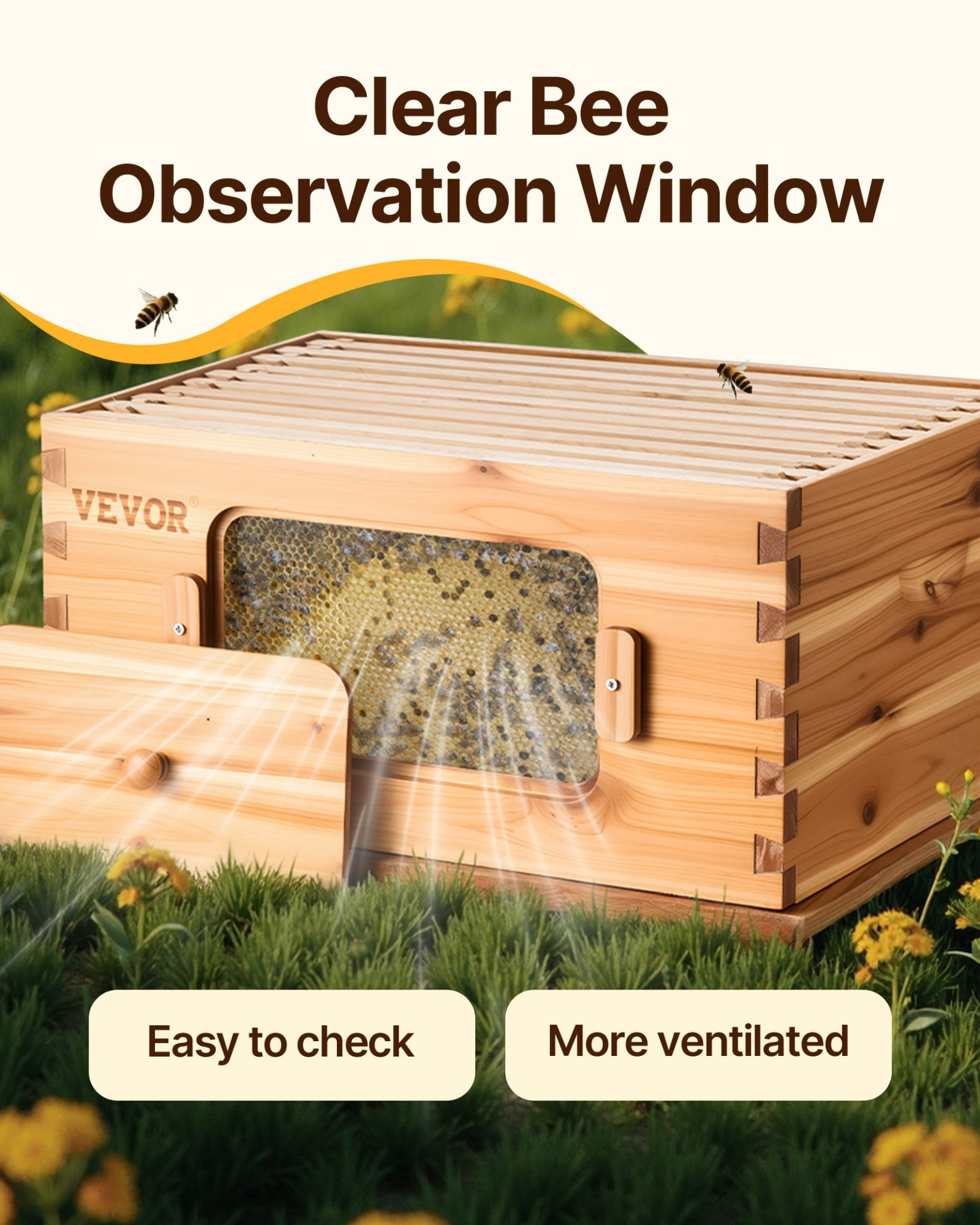 Langstroth Deep Beehive Kit, 10 Frames, Waxed Fir Wood, Window