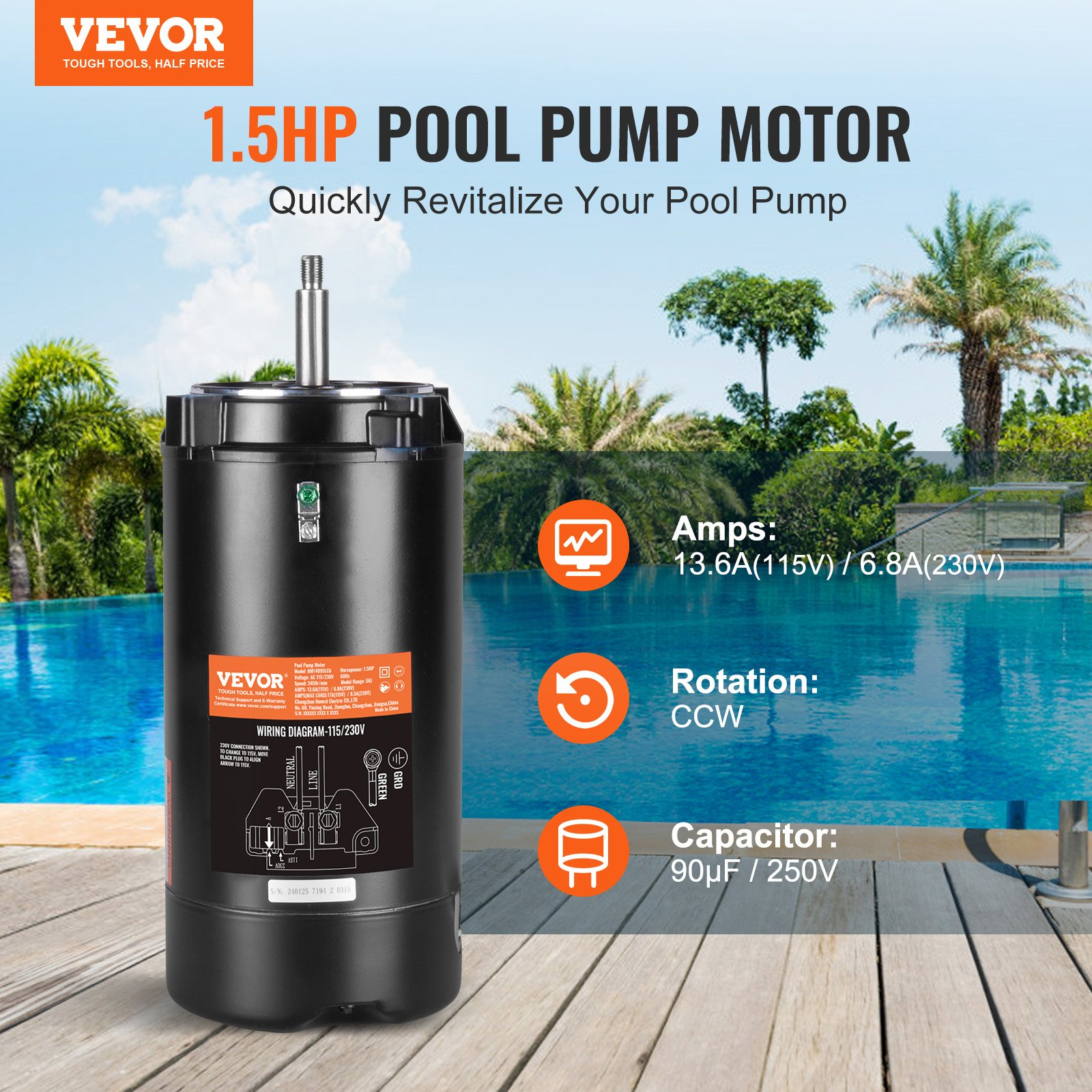 1.5 HP Pool Pump Motor, 56J Frame, CCW Rotation Round Flange Replacement Motor