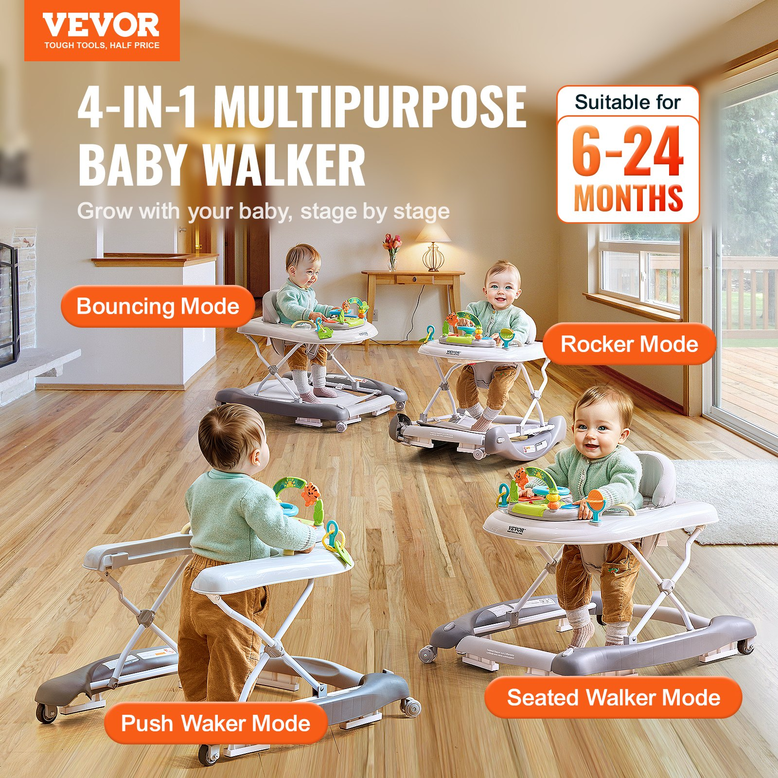 VEVOR 4-in-1 Baby Walker, Foldable Baby Activity Center on Wheels, 3 Adjustable