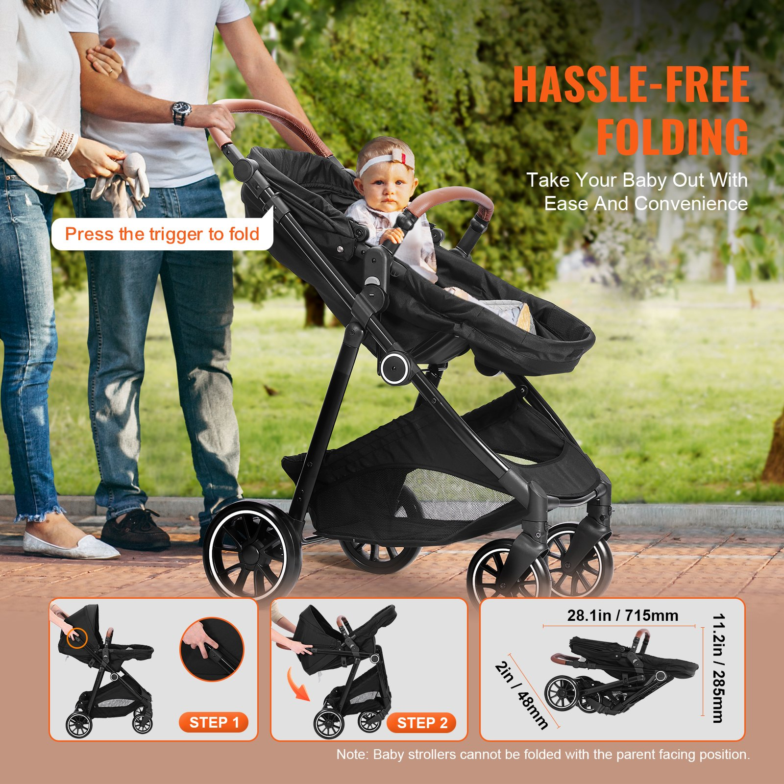 Premium Standard Baby Stroller with Bassinet, Adjustable Backrest, Foldable & Re