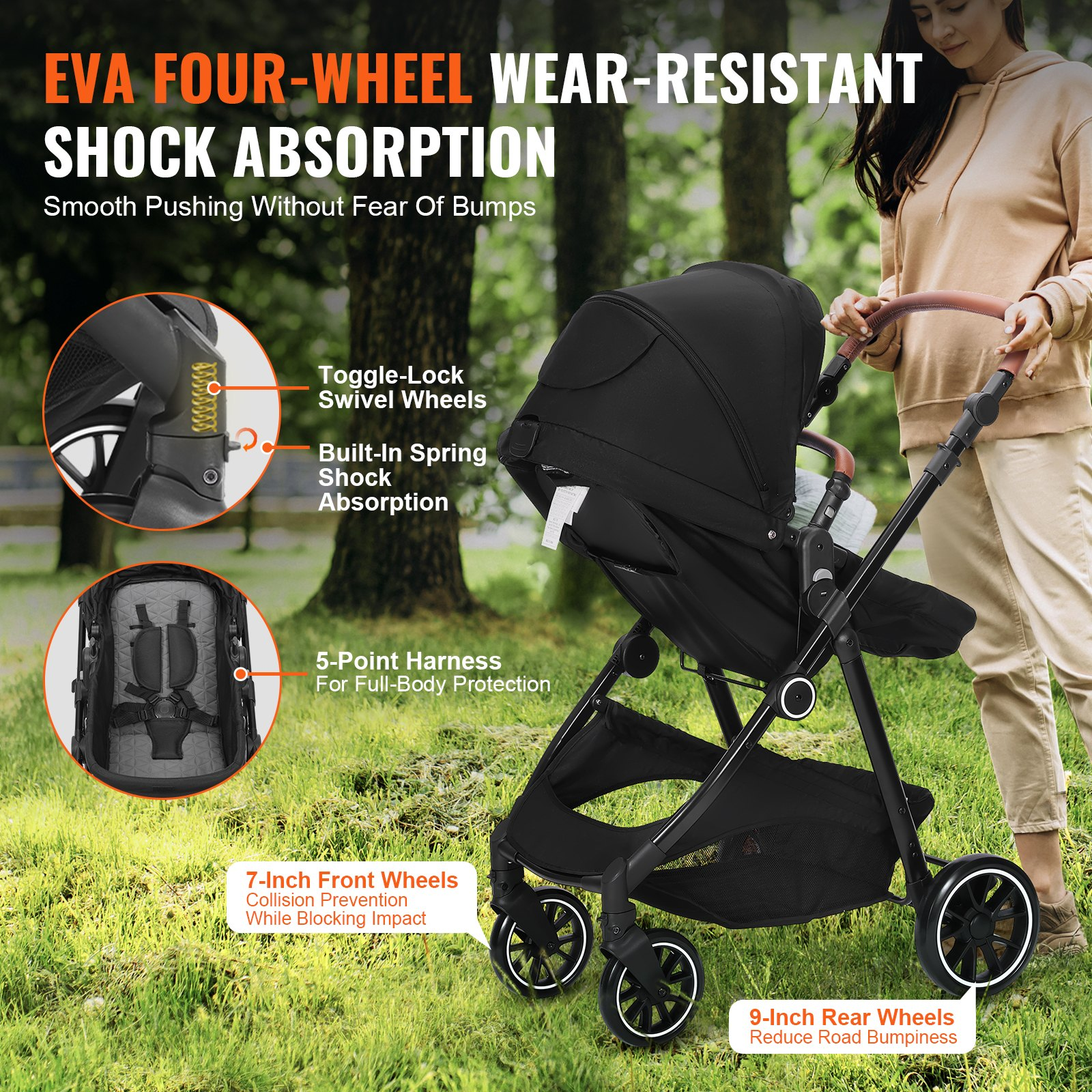 Premium Standard Baby Stroller with Bassinet, Adjustable Backrest, Foldable & Re