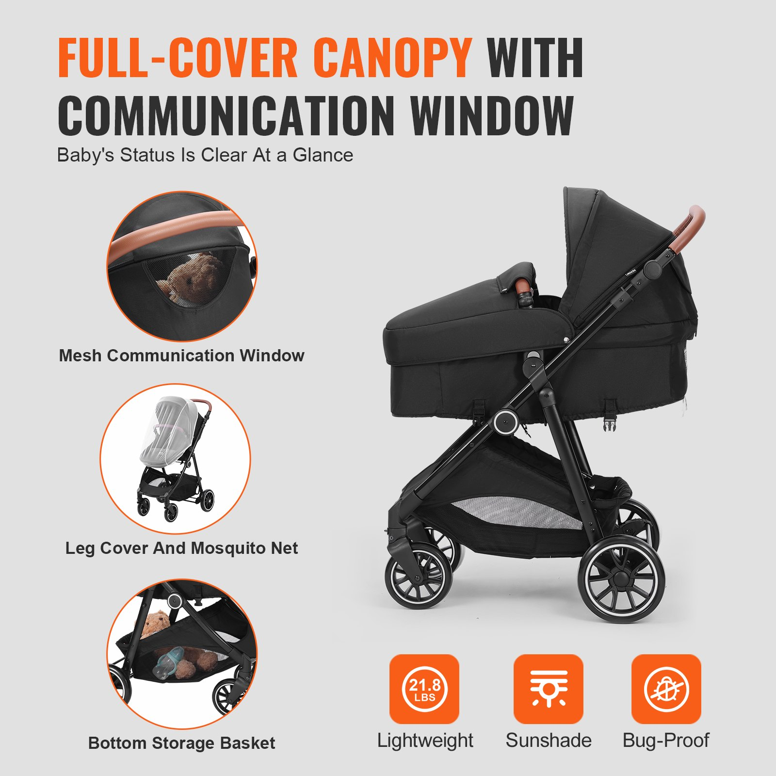 Premium Standard Baby Stroller with Bassinet, Adjustable Backrest, Foldable & Re