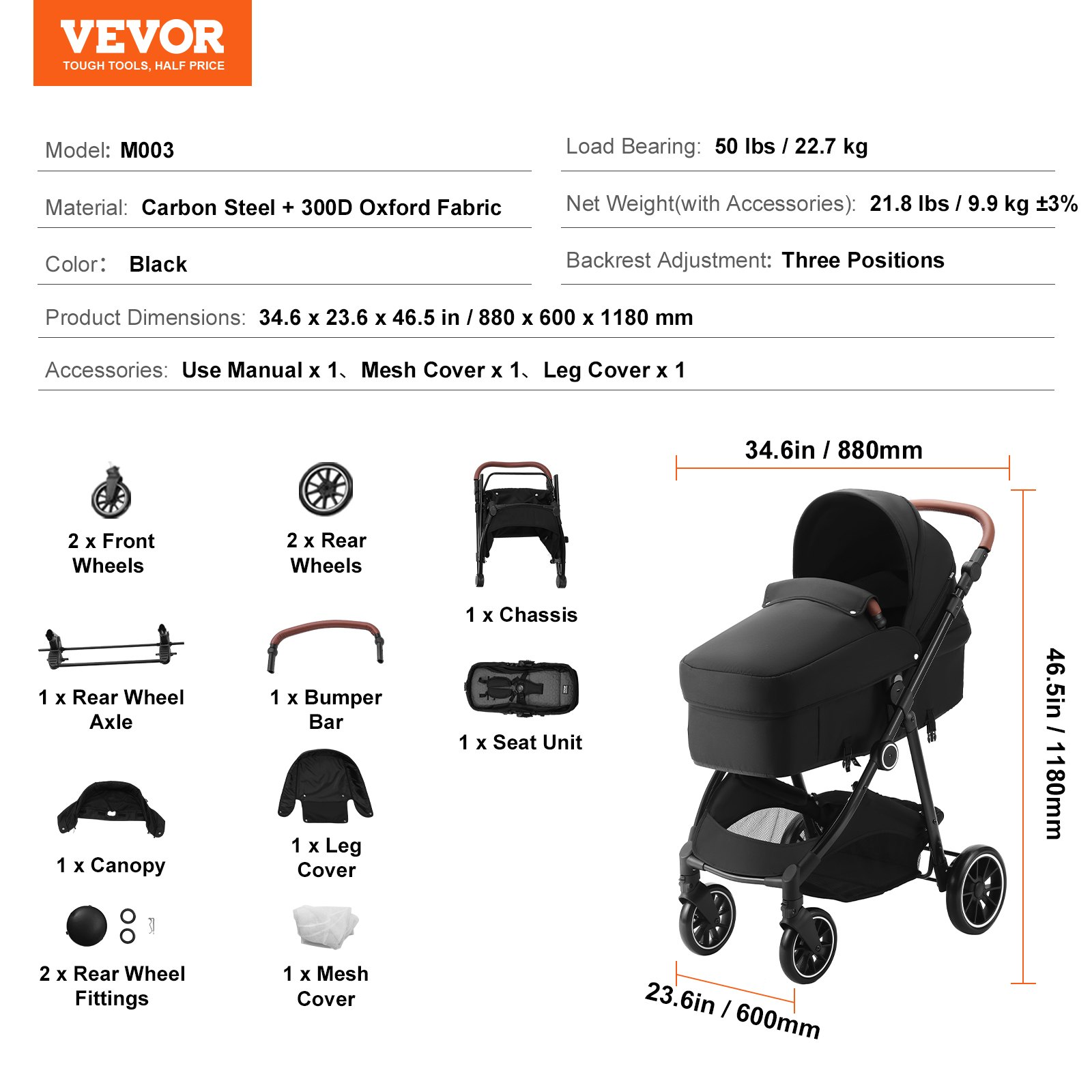 Premium Standard Baby Stroller with Bassinet, Adjustable Backrest, Foldable & Re