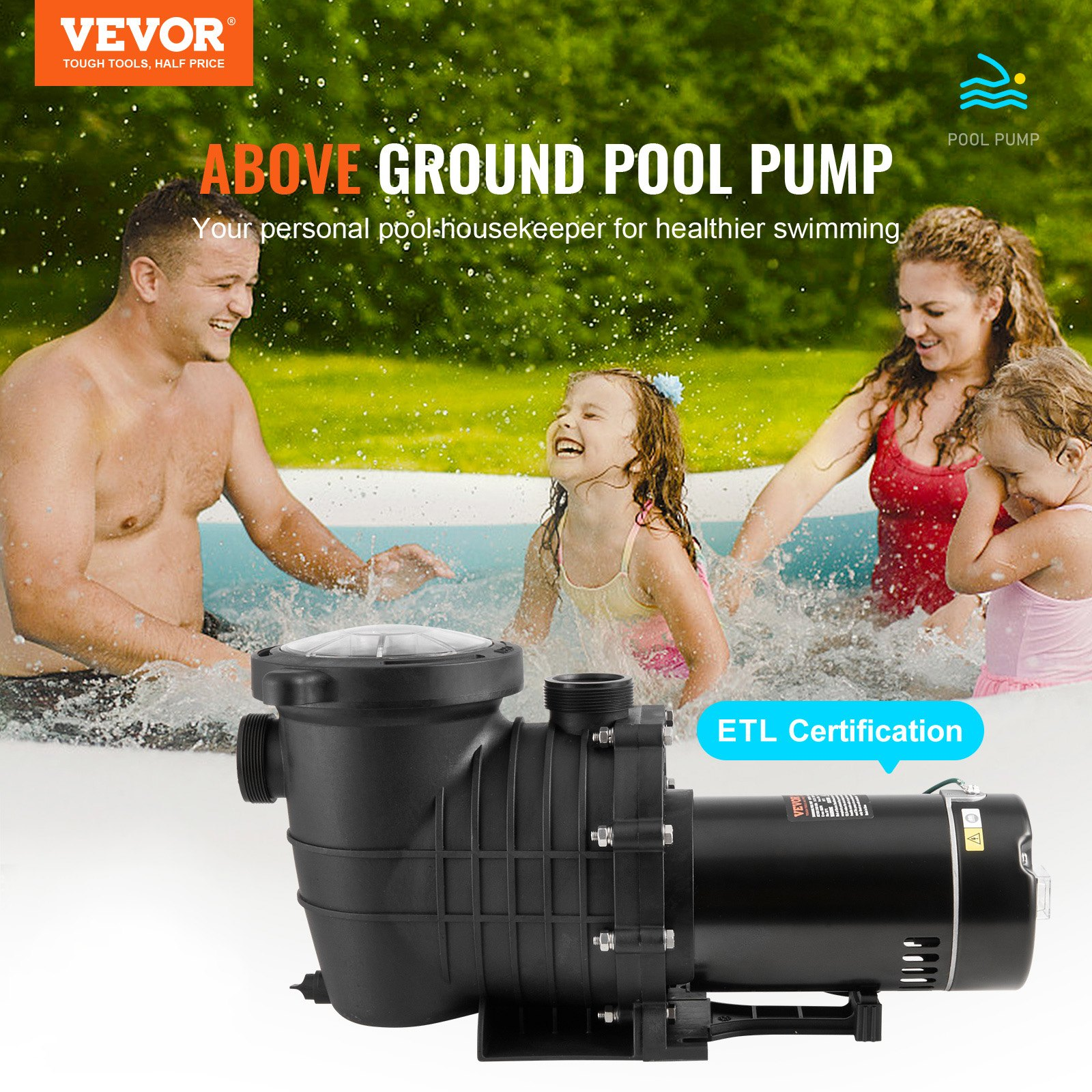 Above Ground Pool Pump, 1.5 HP, Tested to UL Standards