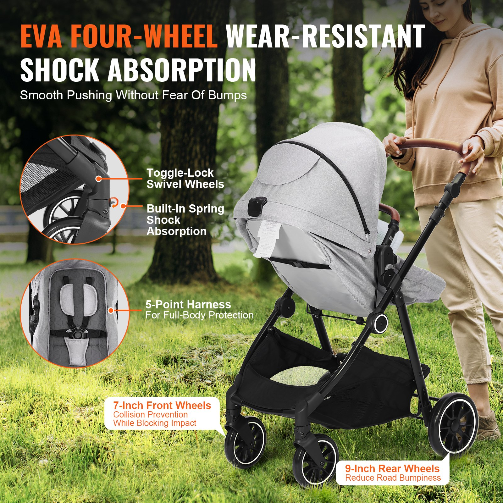 Standard Baby Stroller with Bassinet, 3-Gear Adjustable Backrest, Foldable & Rev