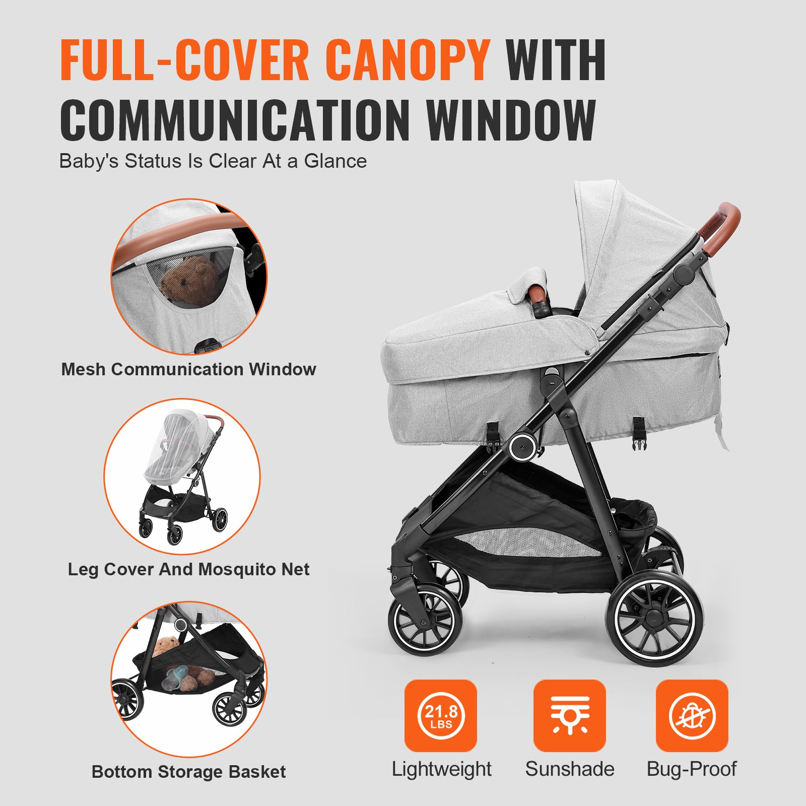 Standard Baby Stroller with Bassinet, 3-Gear Adjustable Backrest, Foldable & Rev