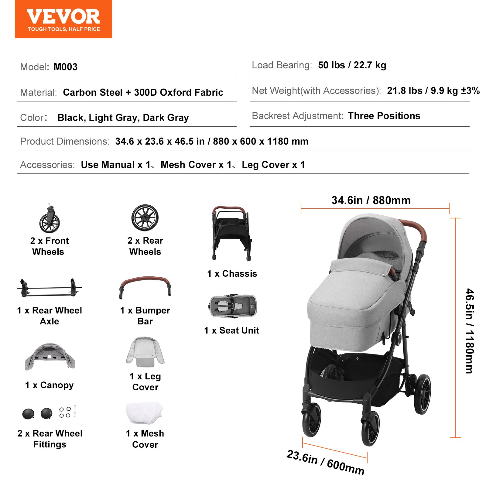 Standard Baby Stroller with Bassinet, 3-Gear Adjustable Backrest, Foldable & Rev