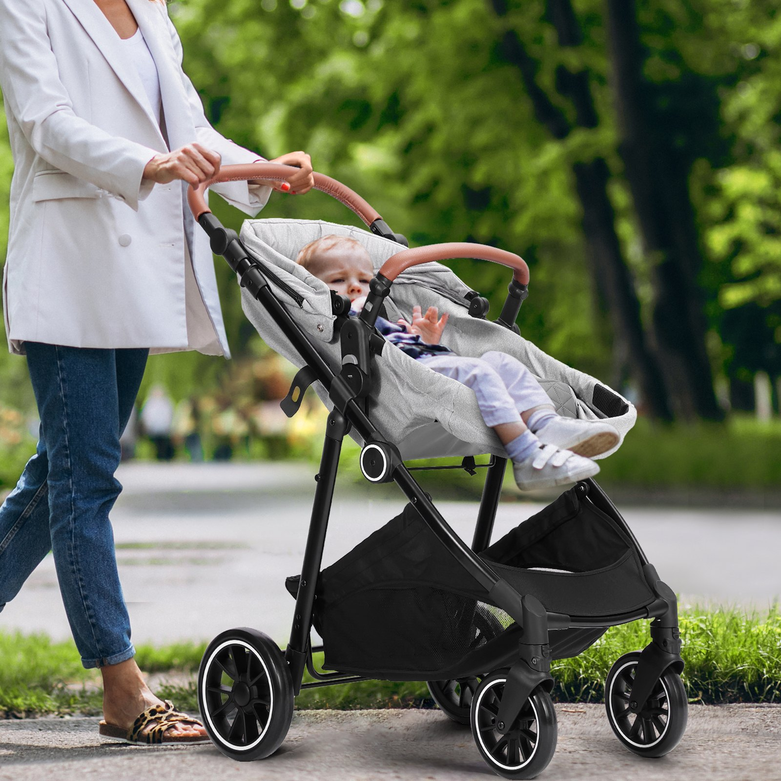 Standard Baby Stroller with Bassinet, 3-Gear Adjustable Backrest, Foldable & Rev