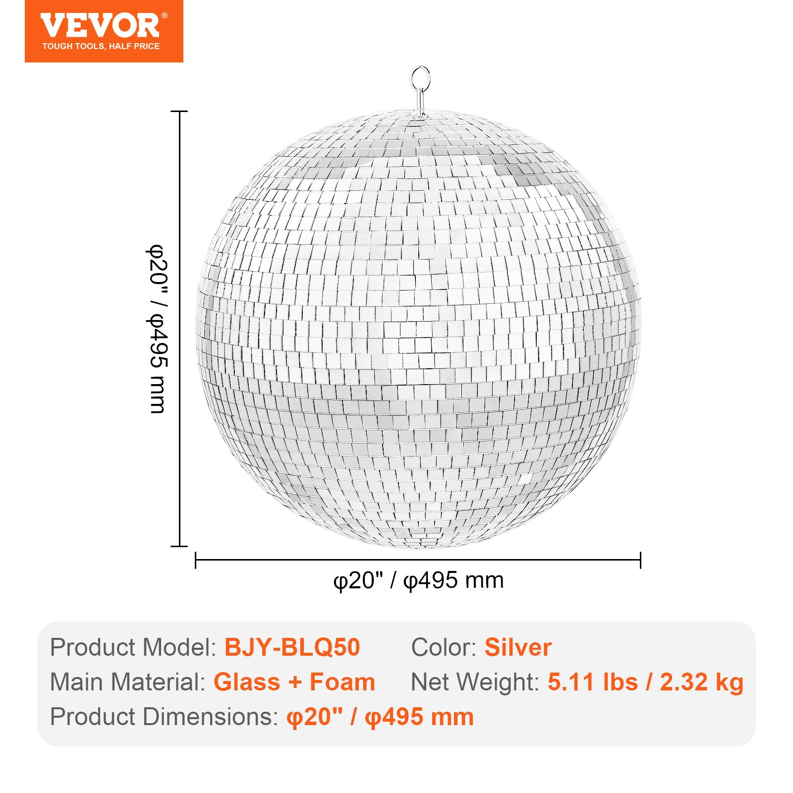 Mirror Disco Ball 20 In Silver Party Large Disco Ball with Hanging Ring