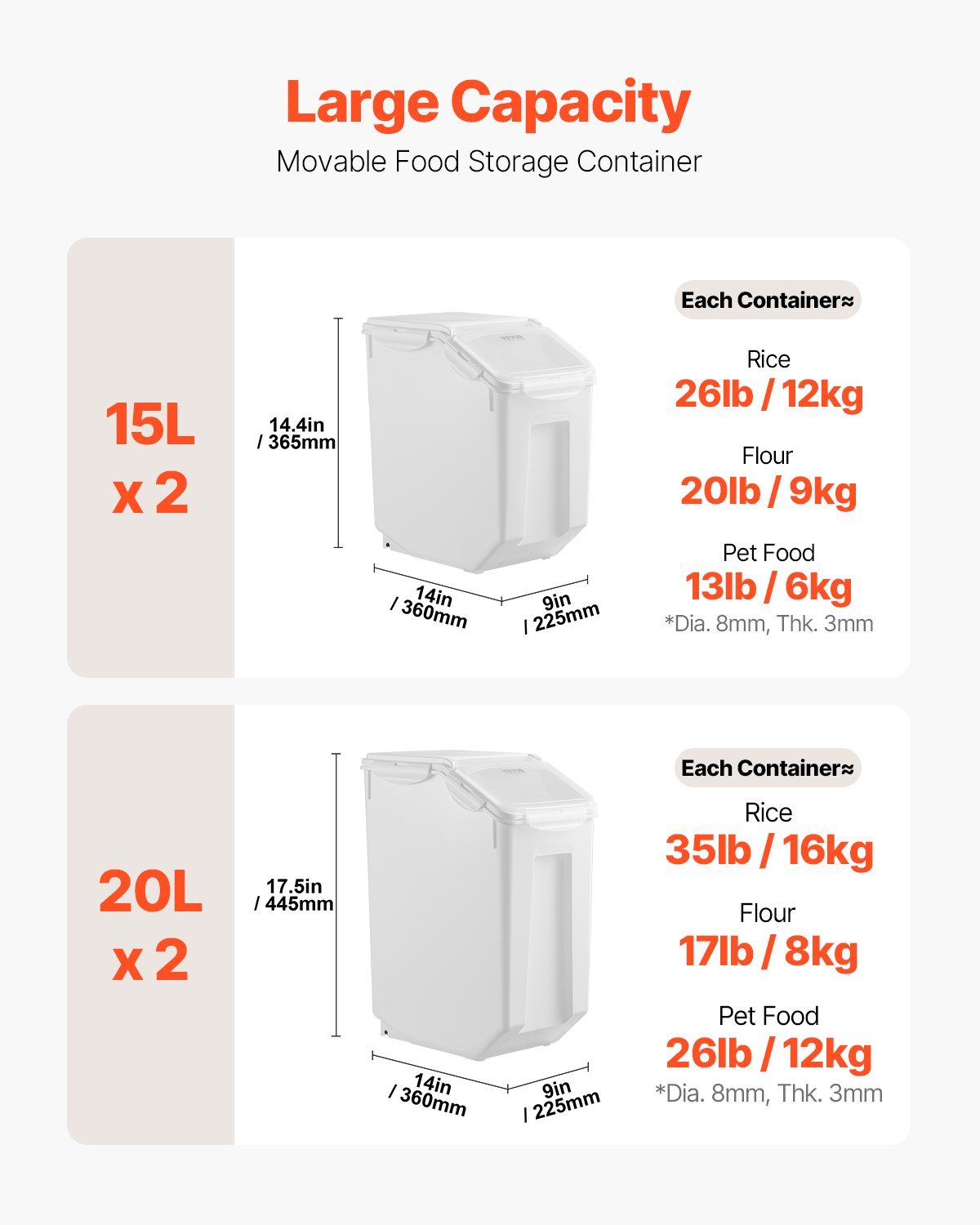 3.5Galx2 + 4.5Galx2 Ingredient Storage Container Airtight Kitchen Bin