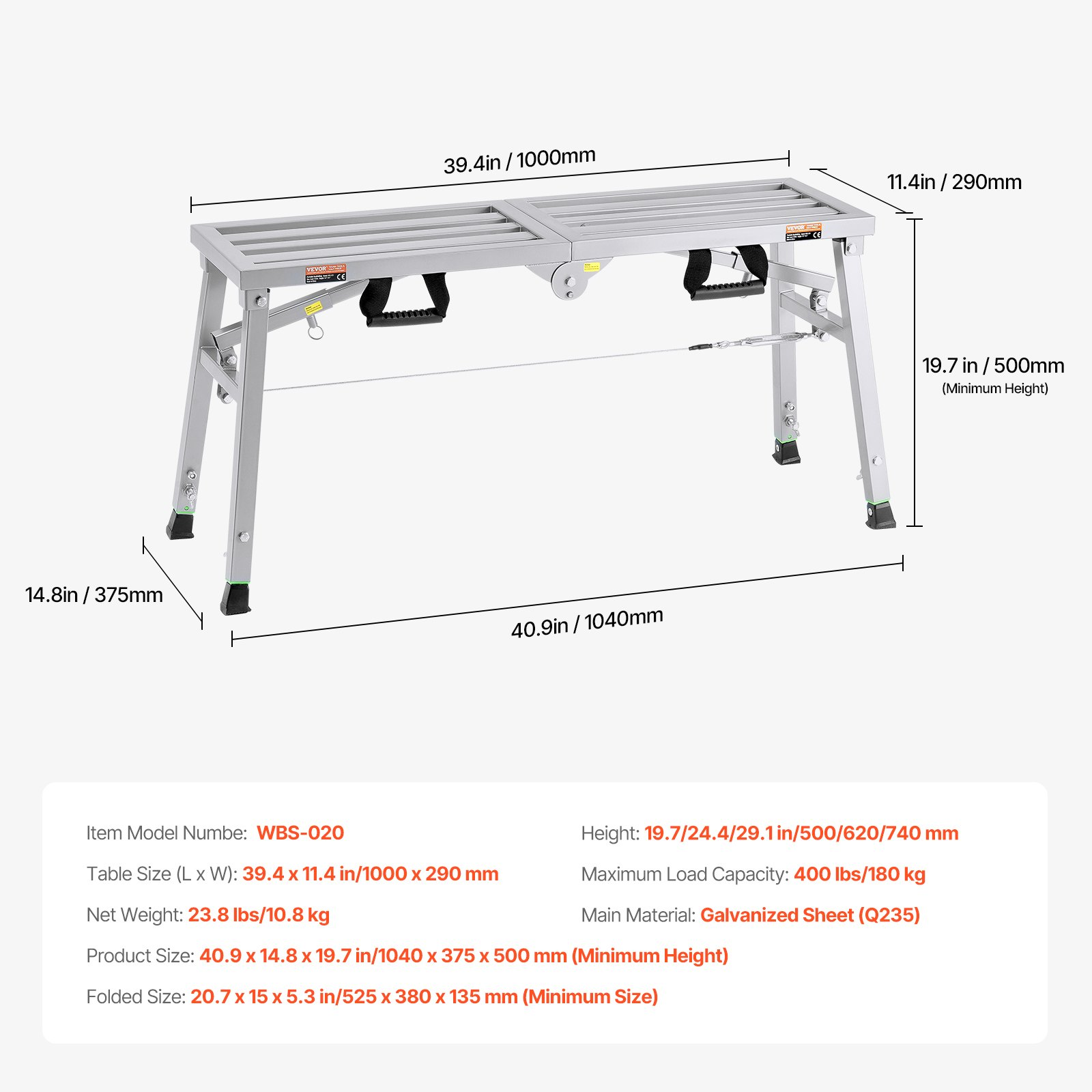 Adjustable Height Work Platform - Portable Scaffolding, 400 lb Load Capacity