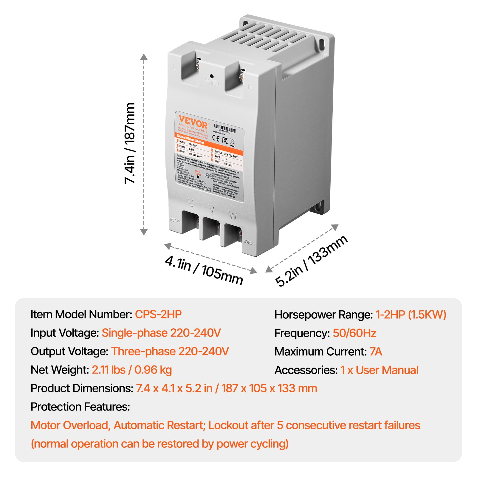 3 Phase Converter 2HP 7A 220V Single to 3 Phase 220V-240V Input/Output - Picture 6 of 10