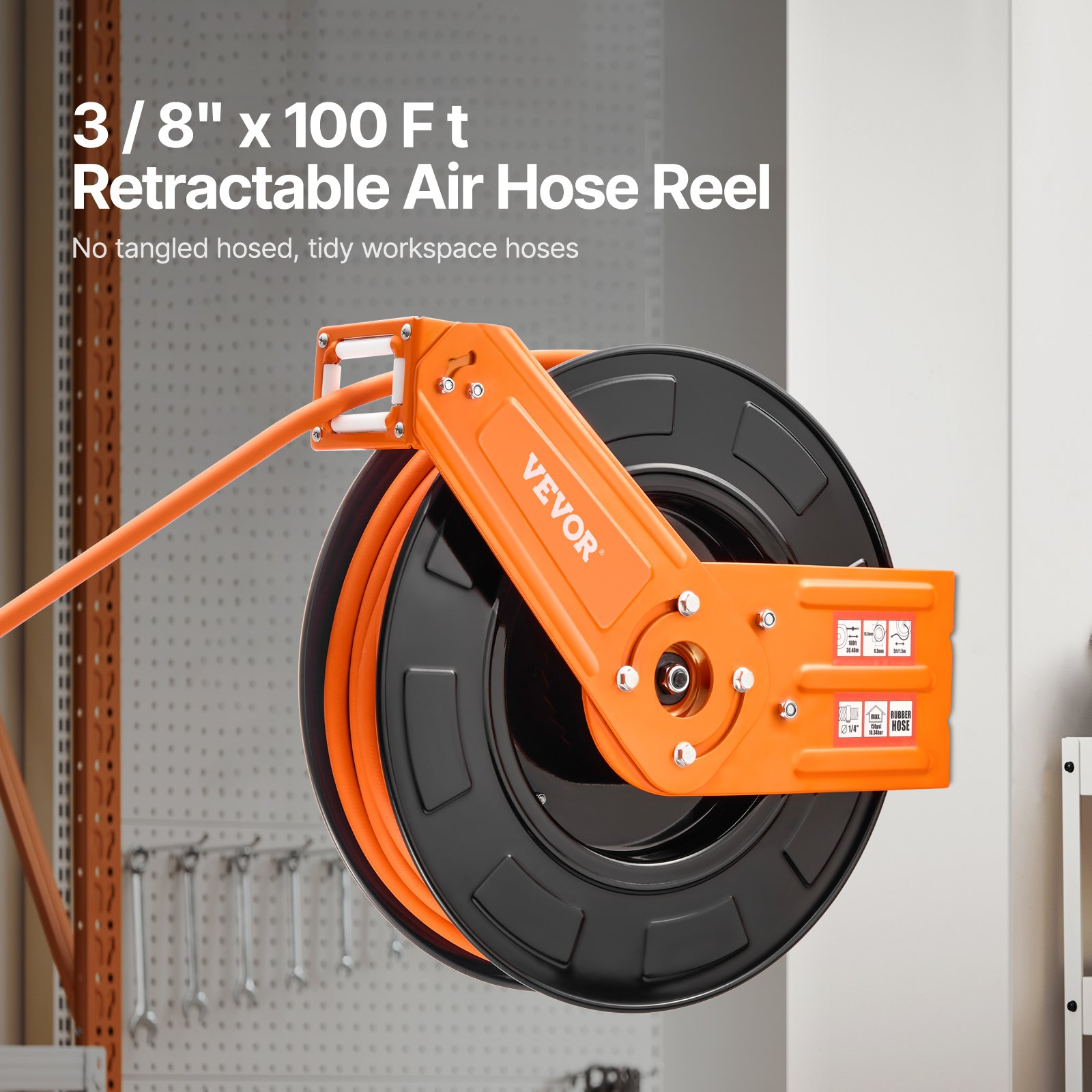 Retractable Air Hose Reel 3/8in x 100ft, 300 PSI Auto Rewind, Steel Mount