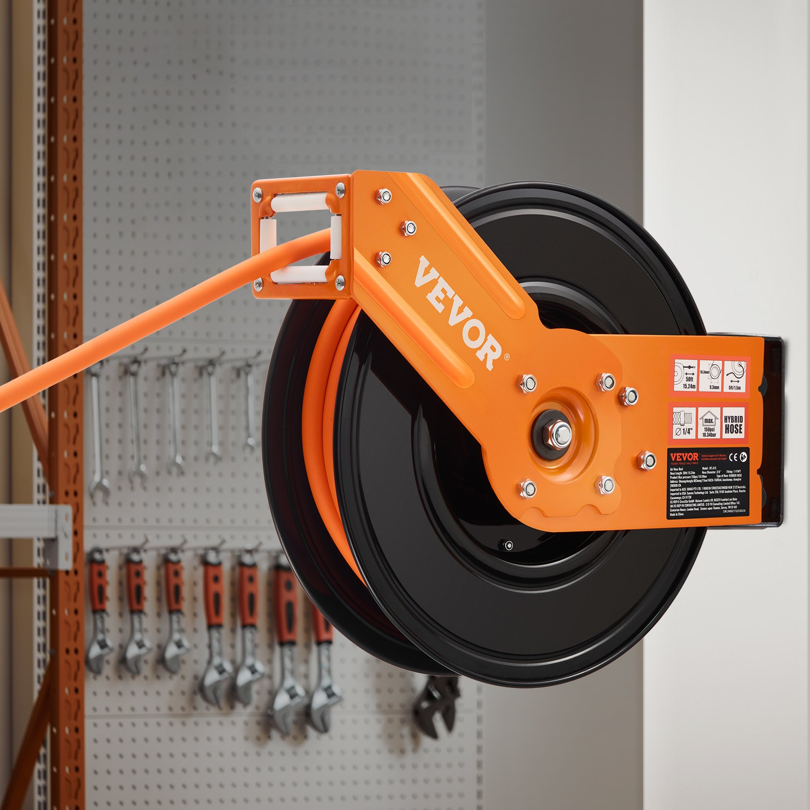 VEVOR Retractable Air Hose Reel 3/8 IN x 50FT Rubber Air Hose Reel Max 300 PSI - Picture 8 of 11