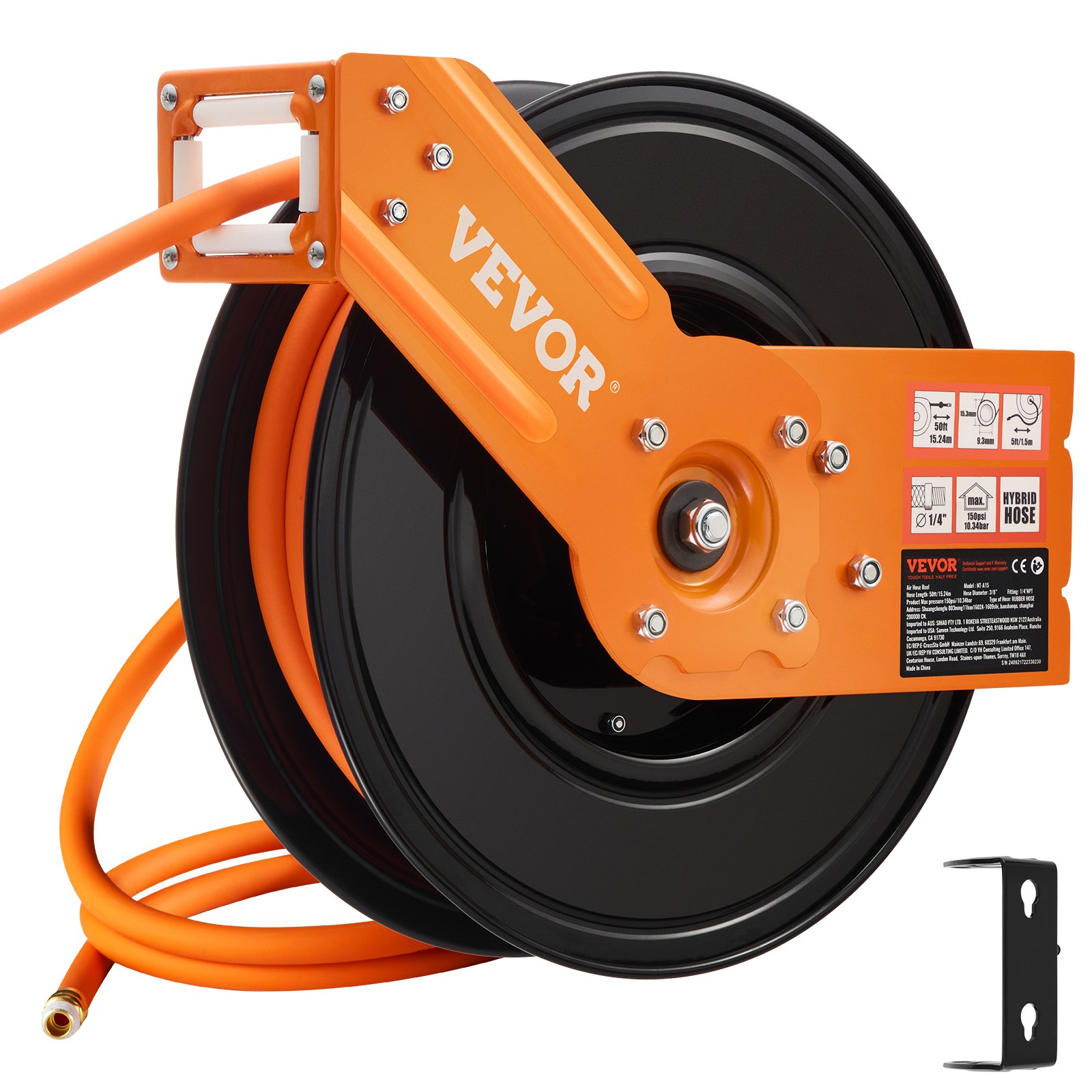 VEVOR Retractable Air Hose Reel 3/8 IN x 50FT Rubber Air Hose Reel Max 300 PSI - Picture 10 of 11