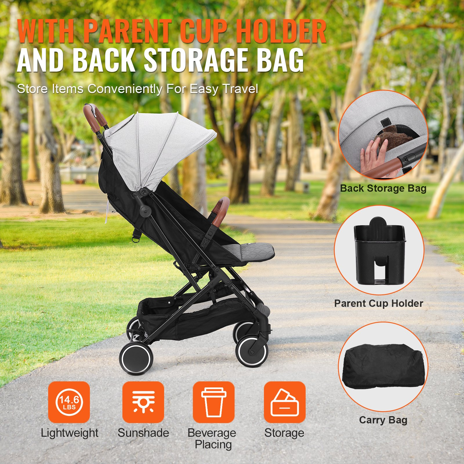 Standard Baby Stroller Adjustable Infant/Toddler Stroller Foldable w/ Cup Holder