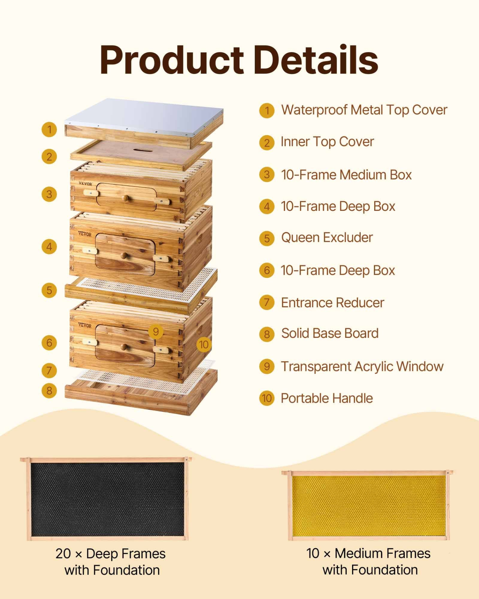 30-Frame Langstroth Beehive Kit, 2 Deep + 1 Medium, Waxed Wood, Window