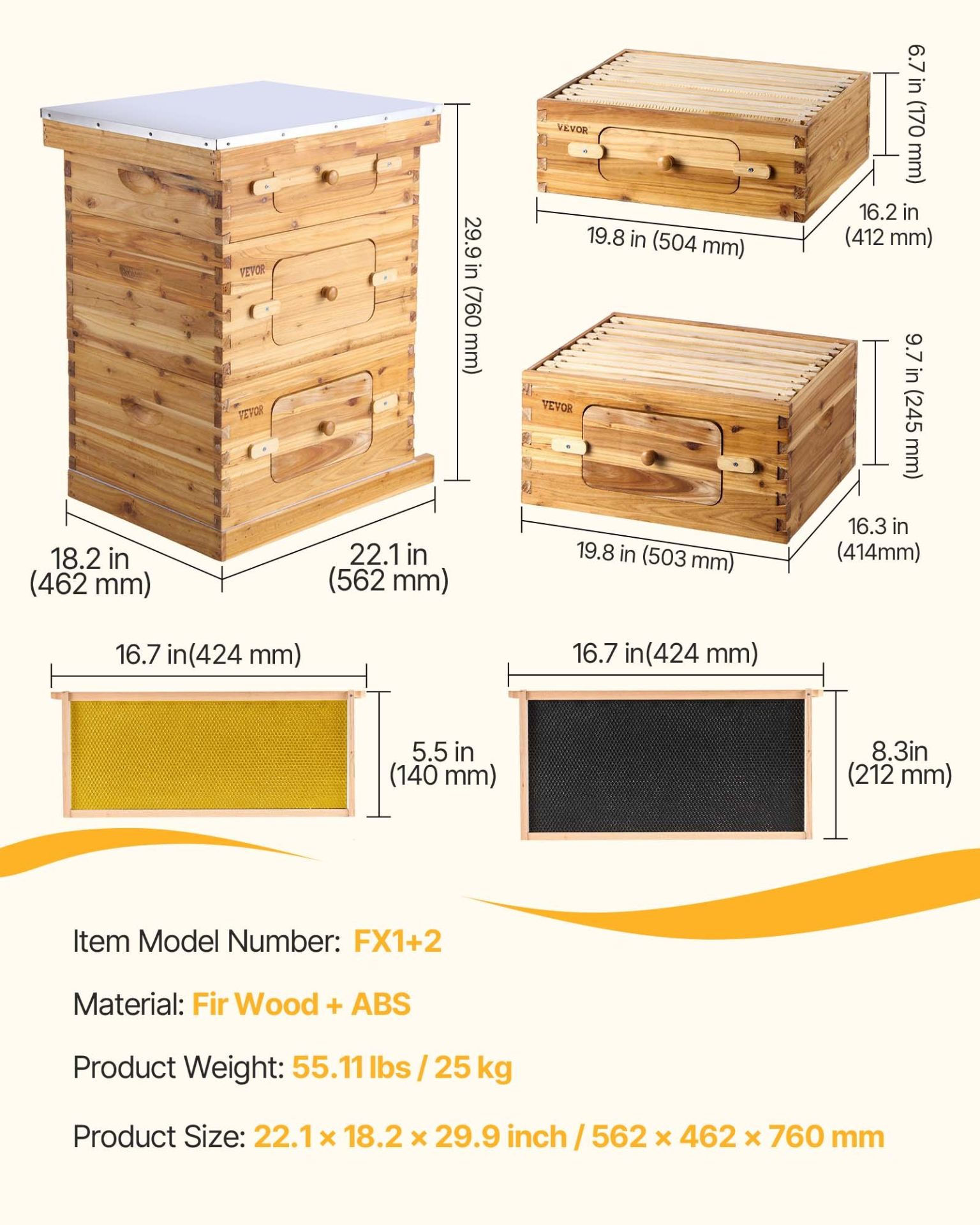30-Frame Langstroth Beehive Kit, 2 Deep + 1 Medium, Waxed Wood, Window