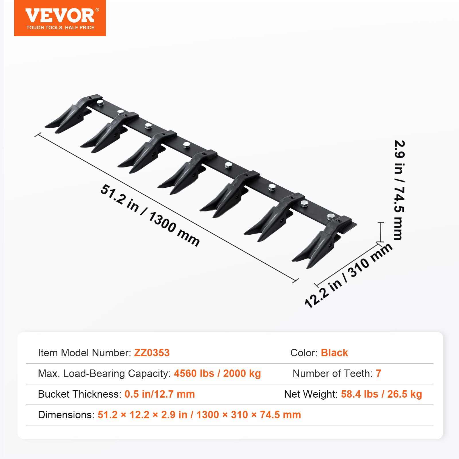 53" Heavy Duty Bucket Tooth Bar for Sub-Compact Tractor, 4560 lbs Capacity