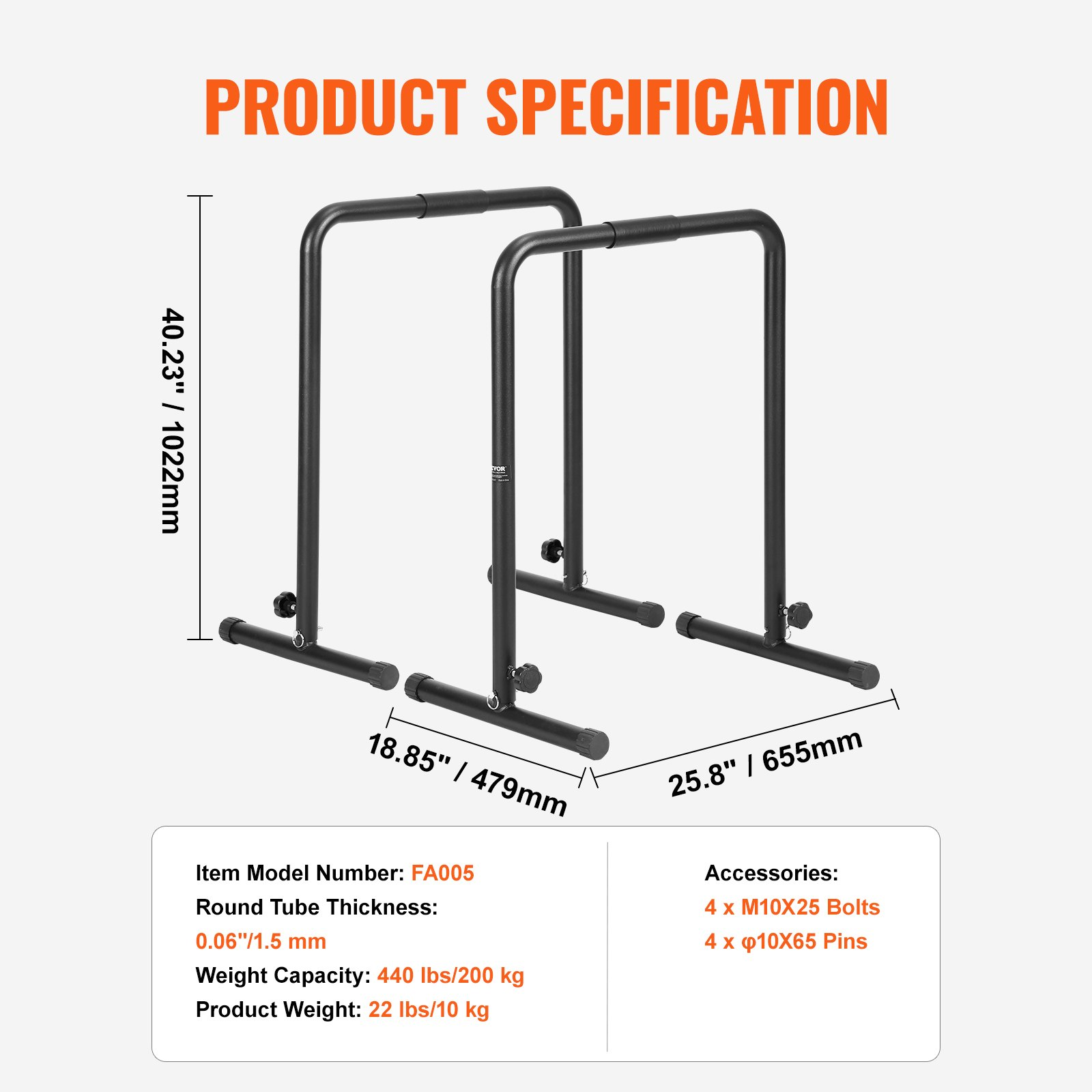 Dip Bars 440 lbs Capacity, Heavy Duty Adjustable Stand for Strength Training