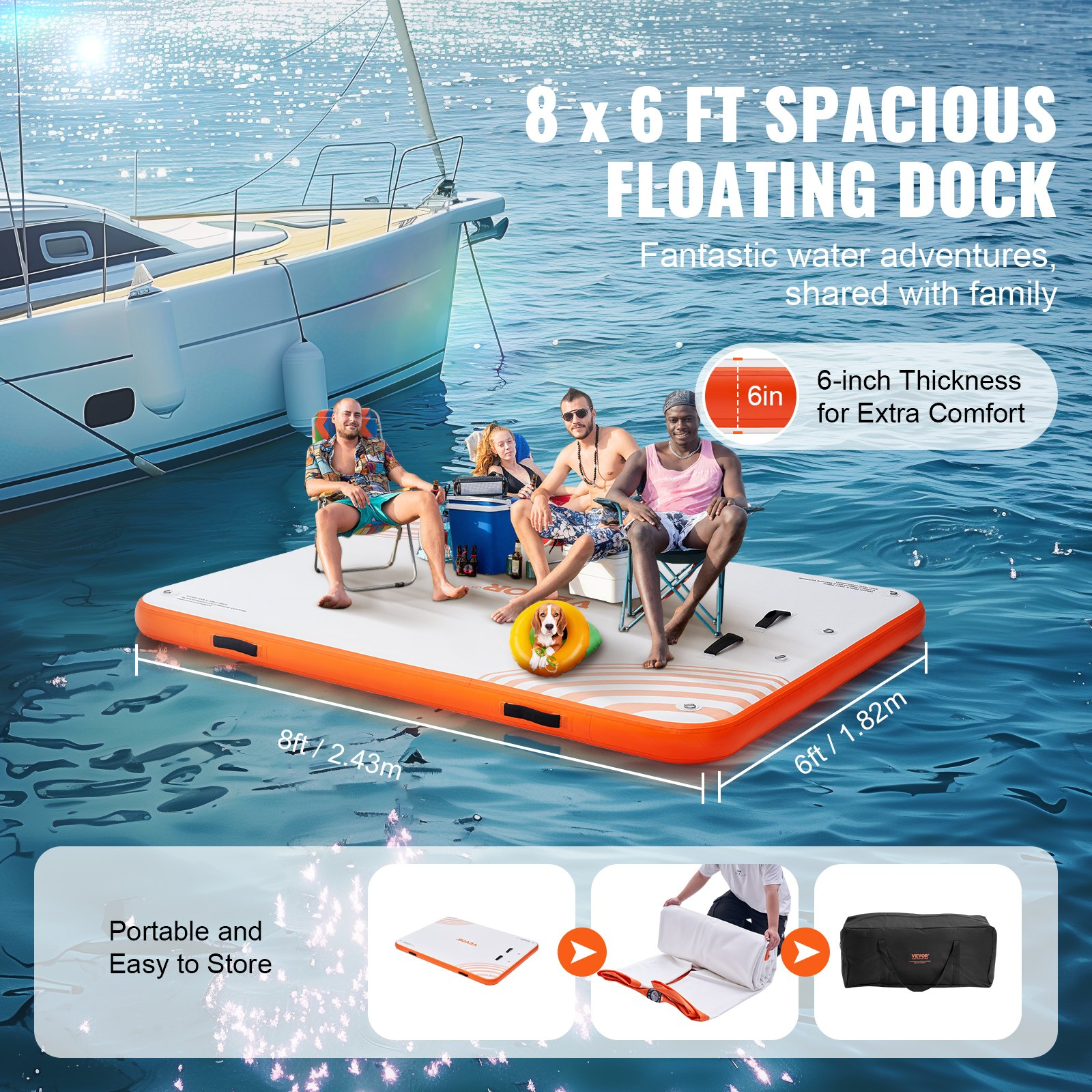 8x6ft Inflatable Floating Dock Platform w/ Ladder Non-Slip Dock Mat