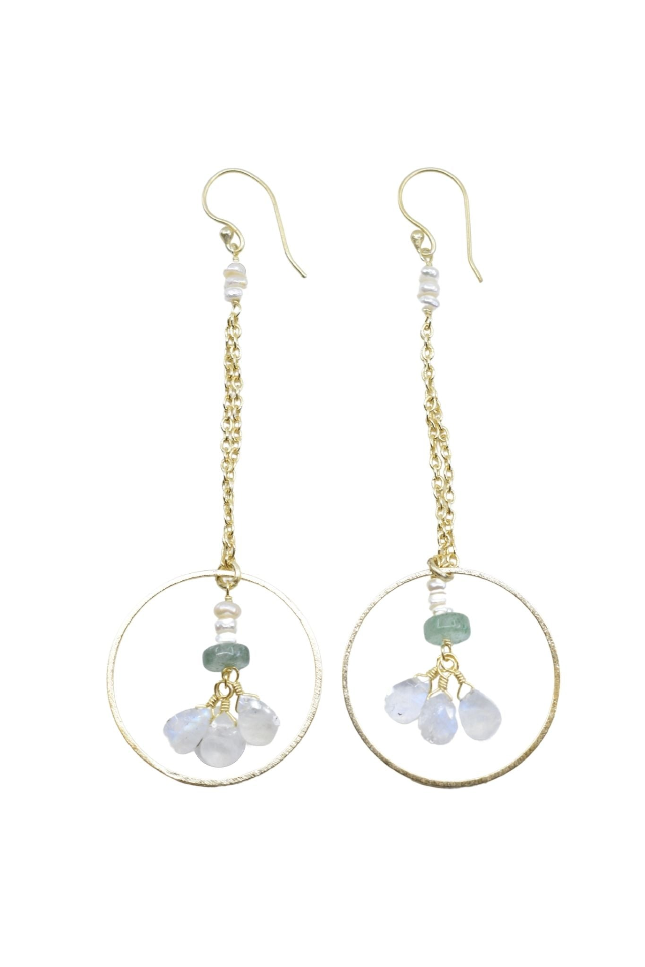 Elegant Pearl Accented Gold Chain Dangle Earrings Featuring Green Strawberry Quartz and Moonstones