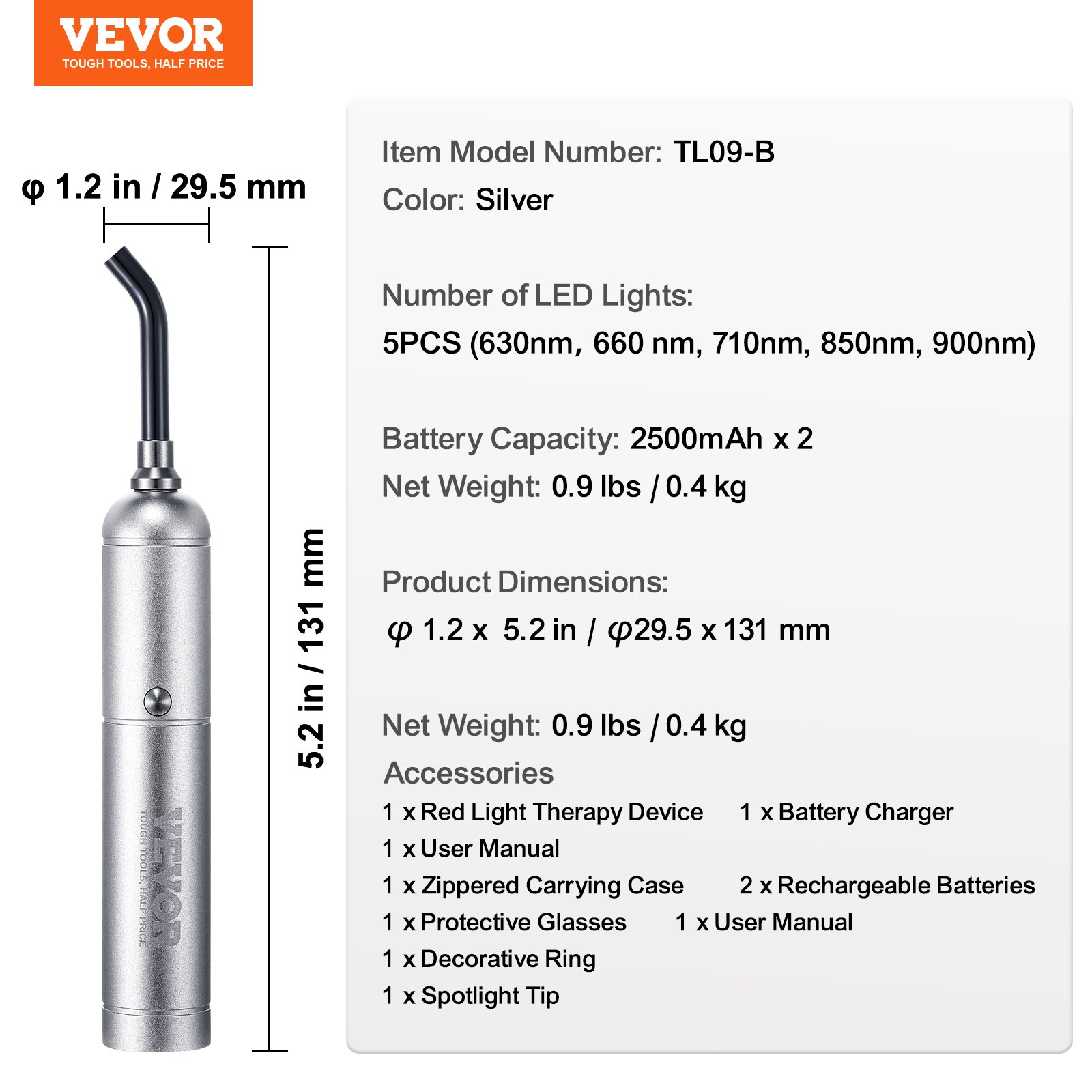 VEVOR Red Light Therapy Device with Removable Tip, Pulse Mode for Pain Relief - Picture 6 of 10