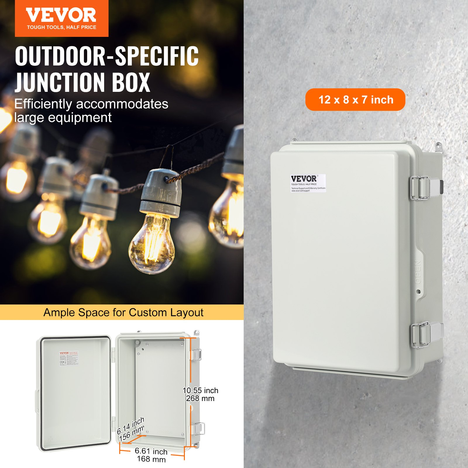 Outdoor Electrical Junction Box, 11.81 x 7.87 x 7.08 in, ABS Plastic Electrical