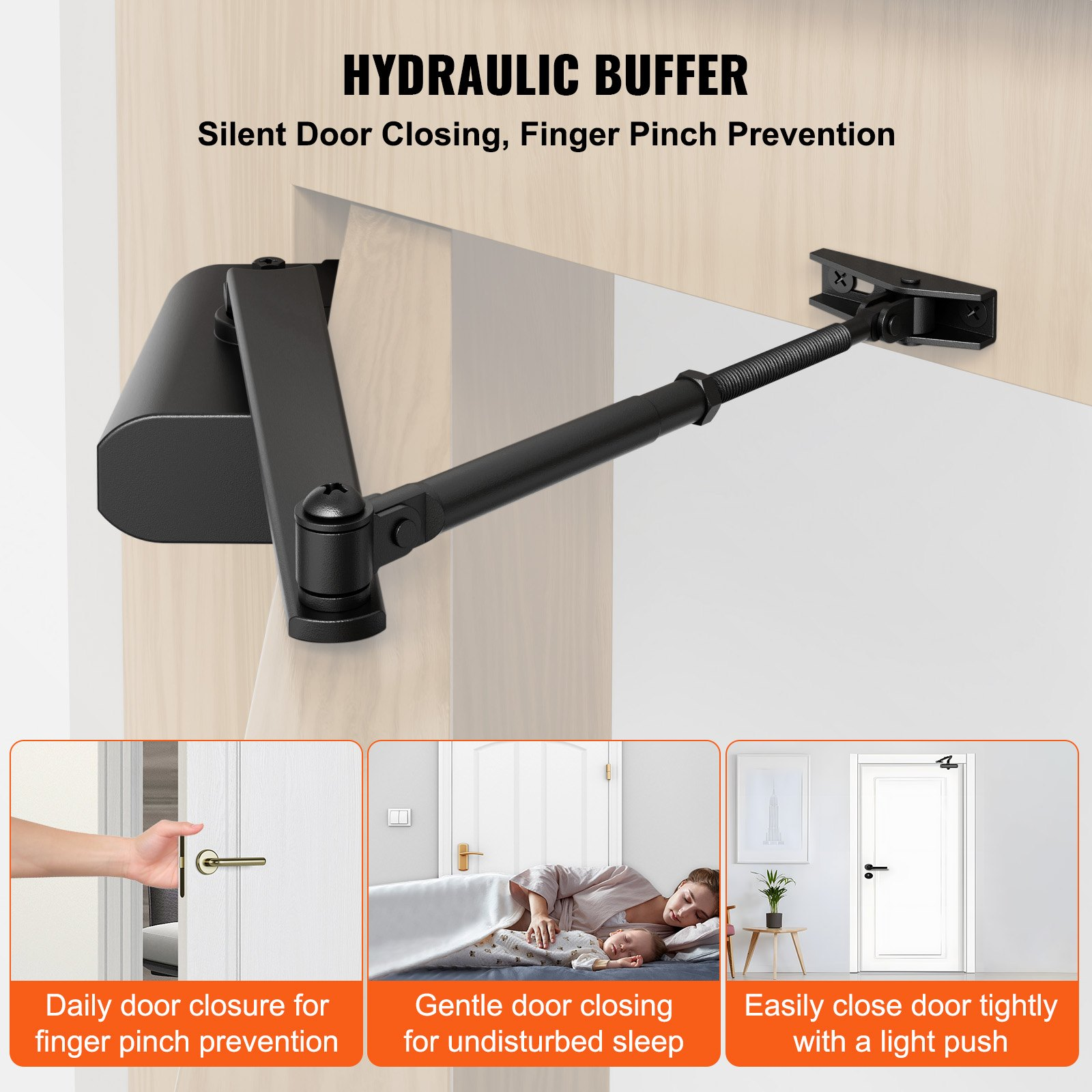 Automatic Door Closer Hydraulic Adjustable for 187 lbs Doors, Heavy Duty, Black - Picture 2 of 10