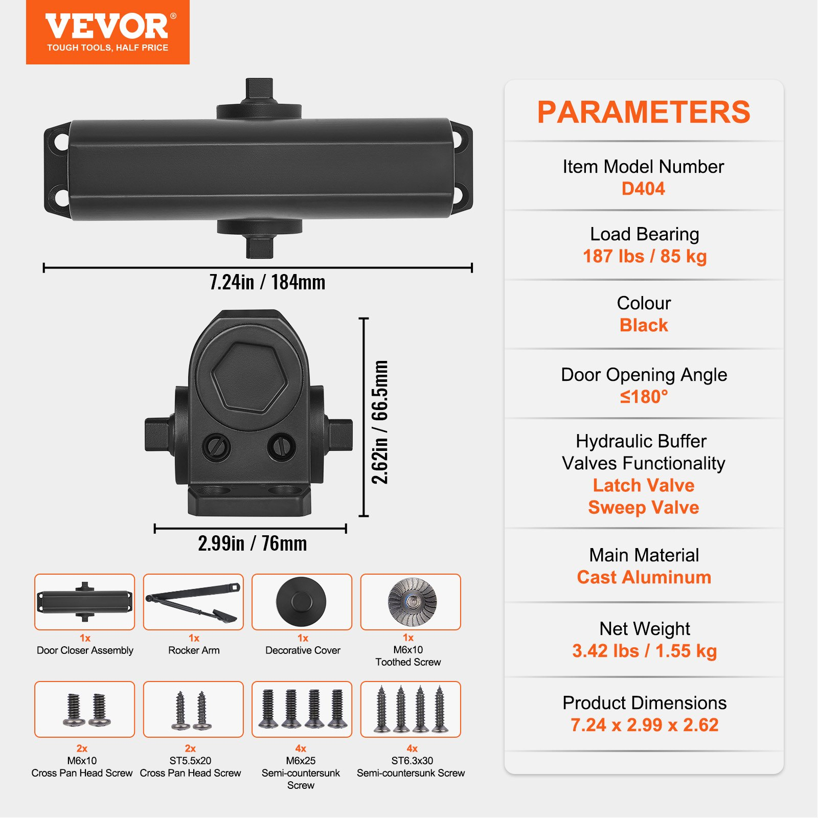 Automatic Door Closer Hydraulic Adjustable for 187 lbs Doors, Heavy Duty, Black - Picture 6 of 10
