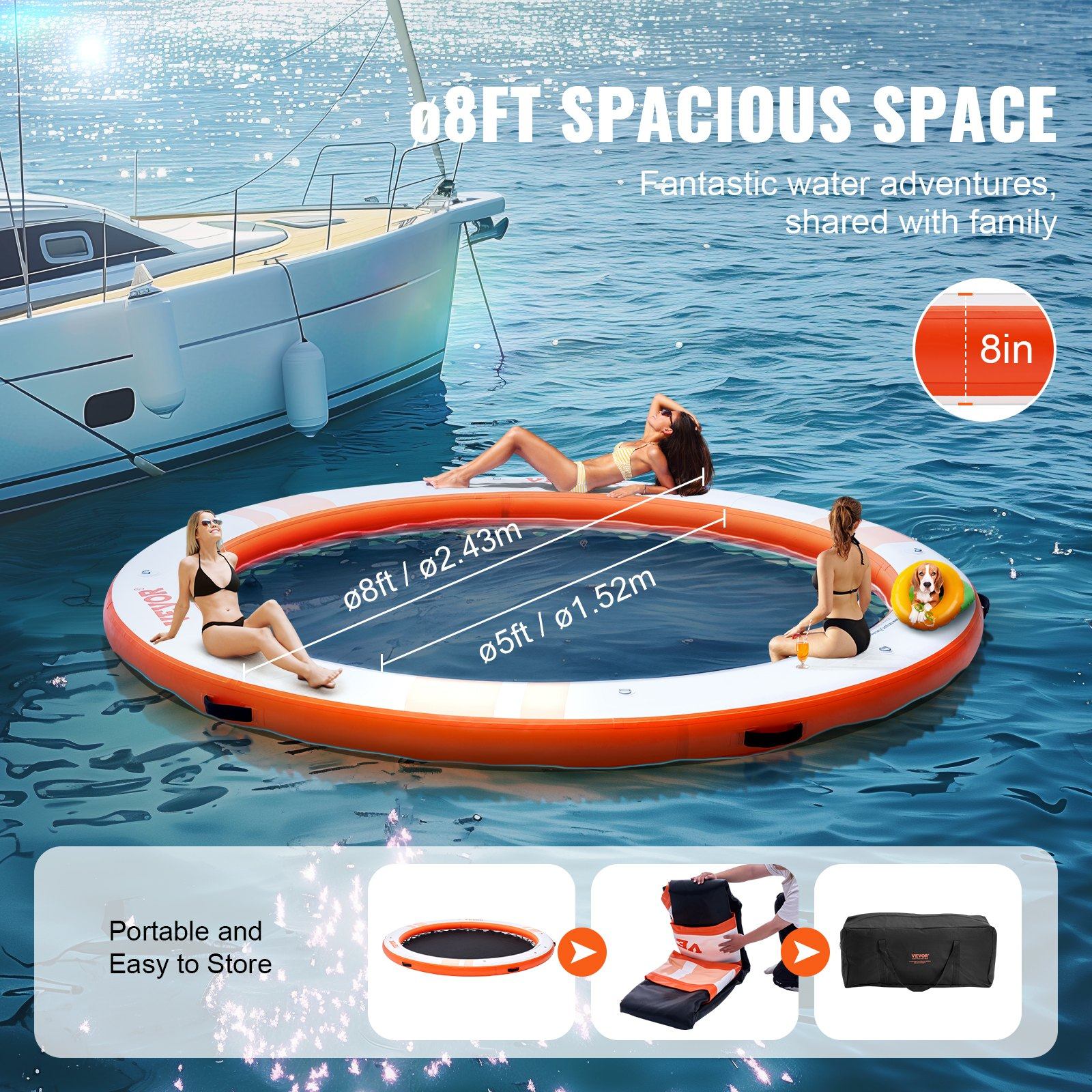Inflatable Floating Dock, ø8FT Inflatable Dock Platform with ø5FT Trampoline Me