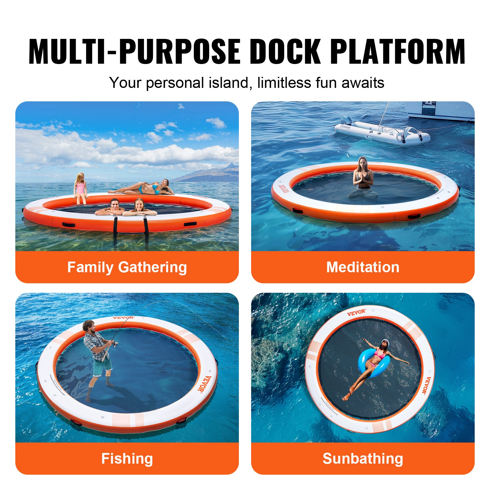 Inflatable Floating Dock, ø8FT Inflatable Dock Platform with ø5FT Trampoline Me