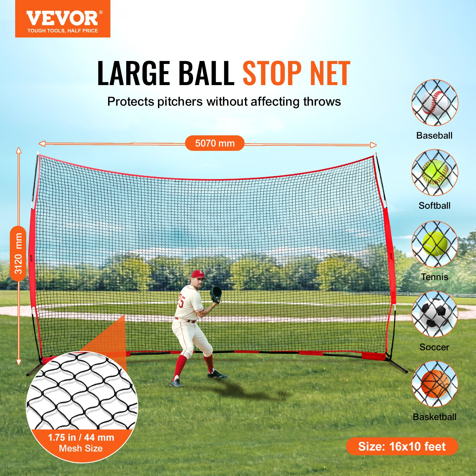 16x10 Ft Barricade Backstop Net - Portable Sports Barrier For Baseball, Softball