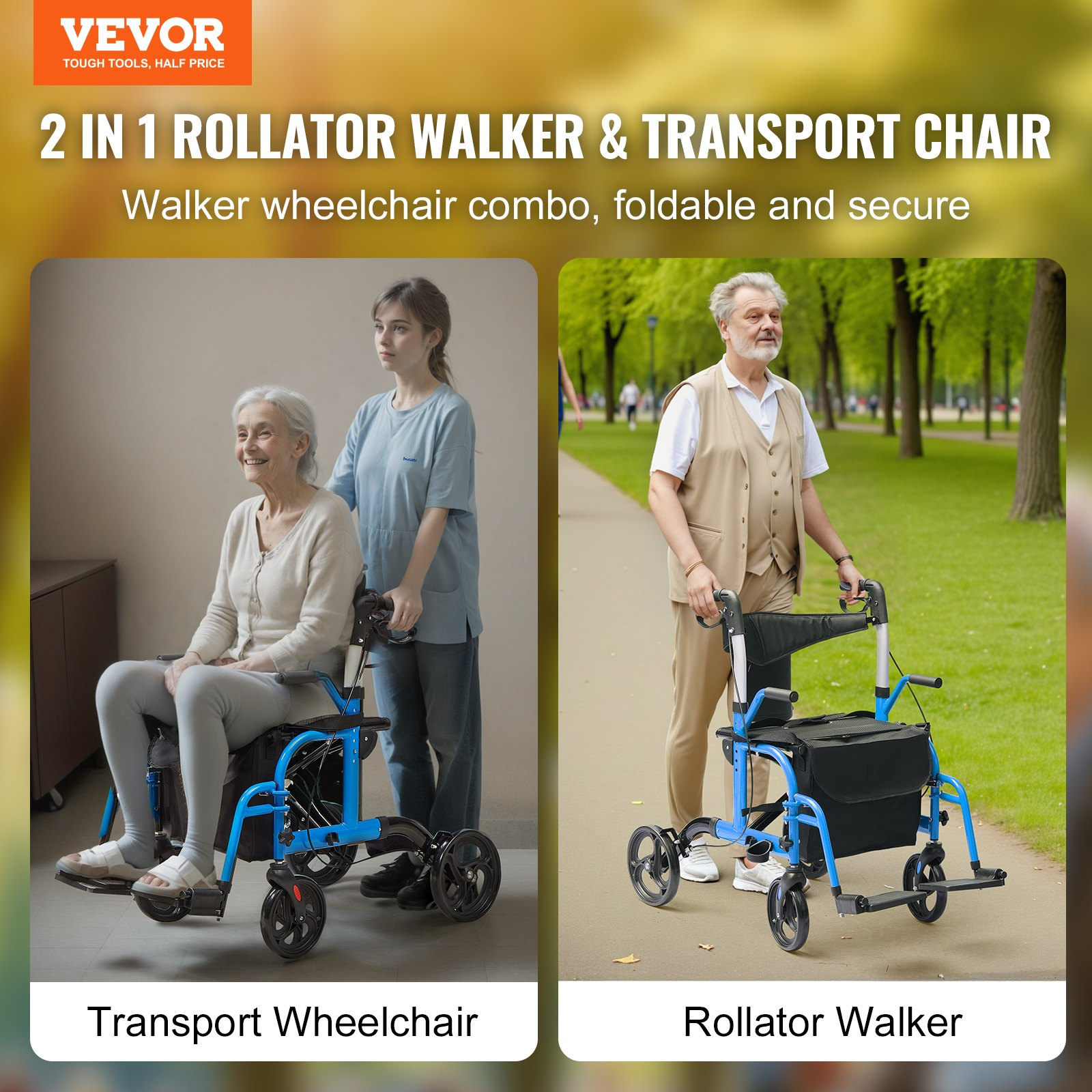 VEVOR 2 in 1 Rollator Walker & Transport Chair for Seniors, 300LBS
